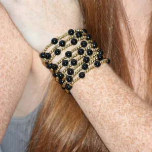 Black Agate Gemstone Beaded Bracelet ~ 18k Gold Plated