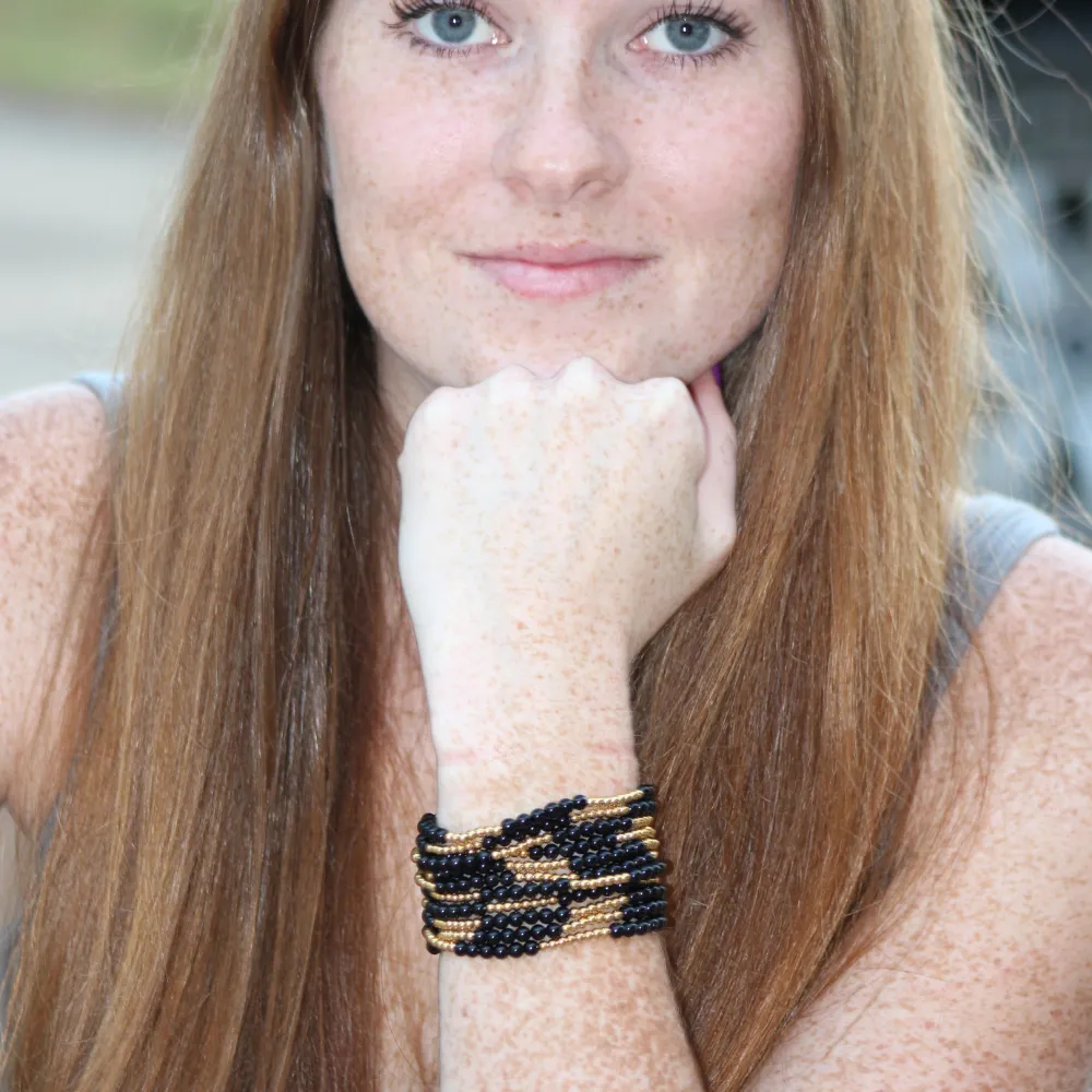 Black Agate Gemstone Beaded Bracelet ~ 18k Gold Plated