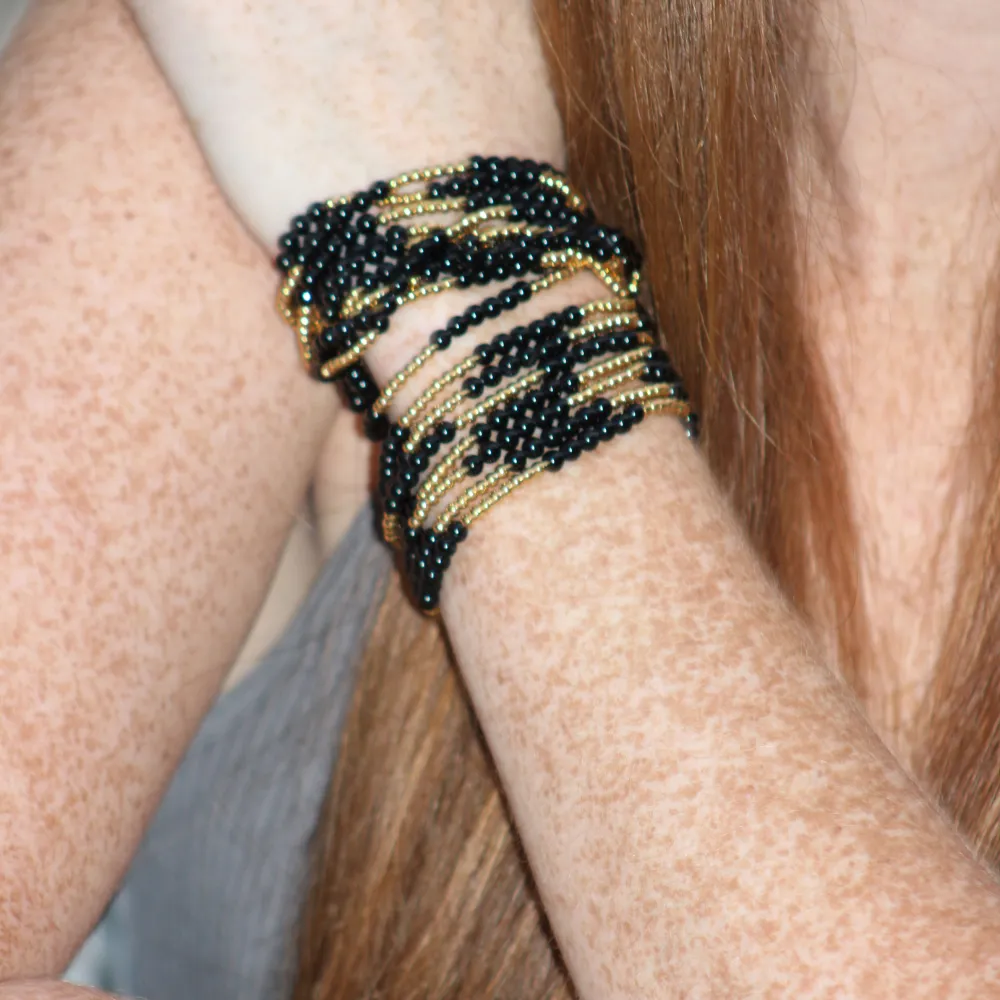 Black Agate Gemstone Beaded Bracelet ~ 18k Gold Plated