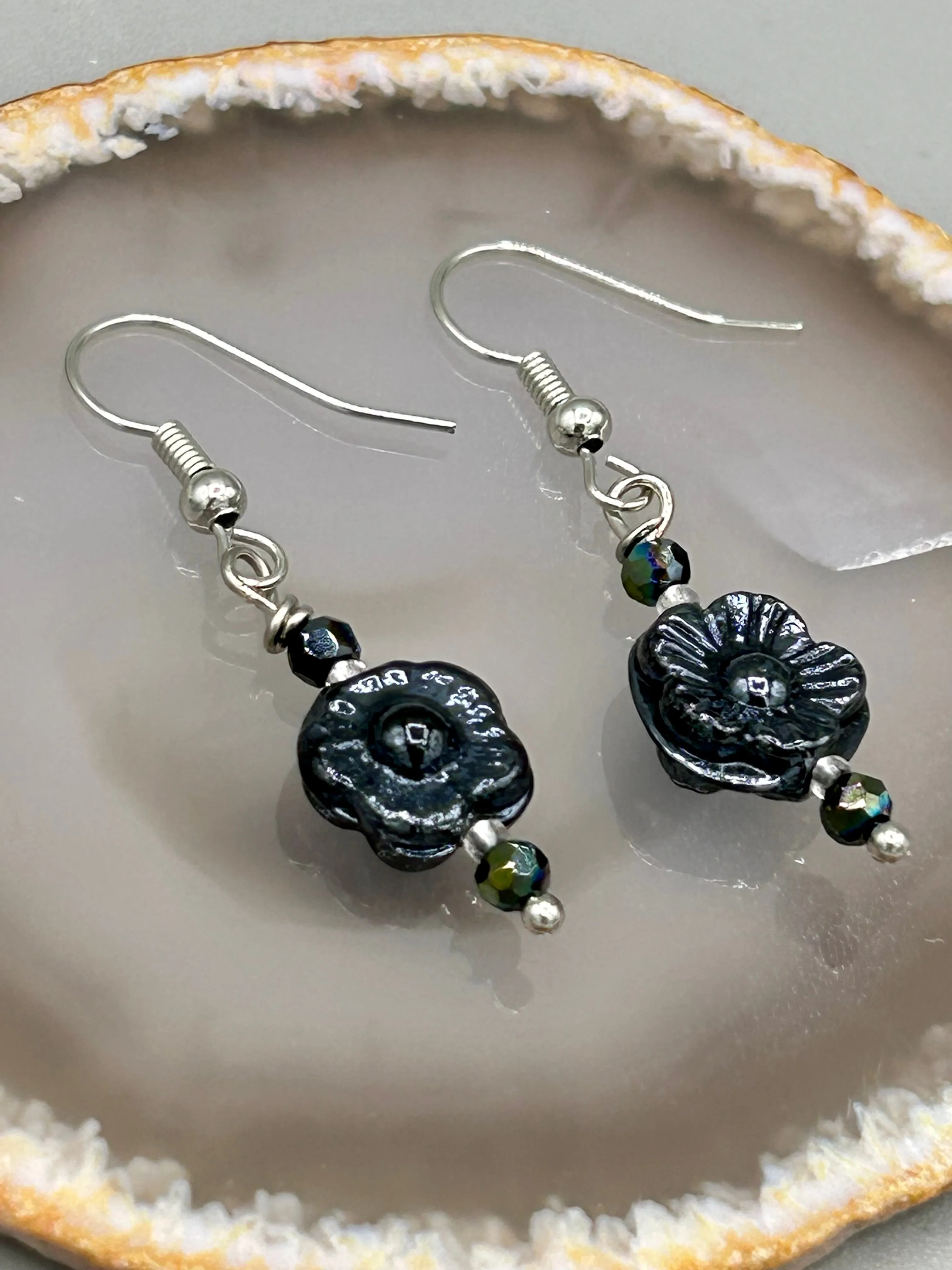 Black Metallic Pressed Glass Floral Beaded Bracelet, Nature Inspired, Summer Jewelry