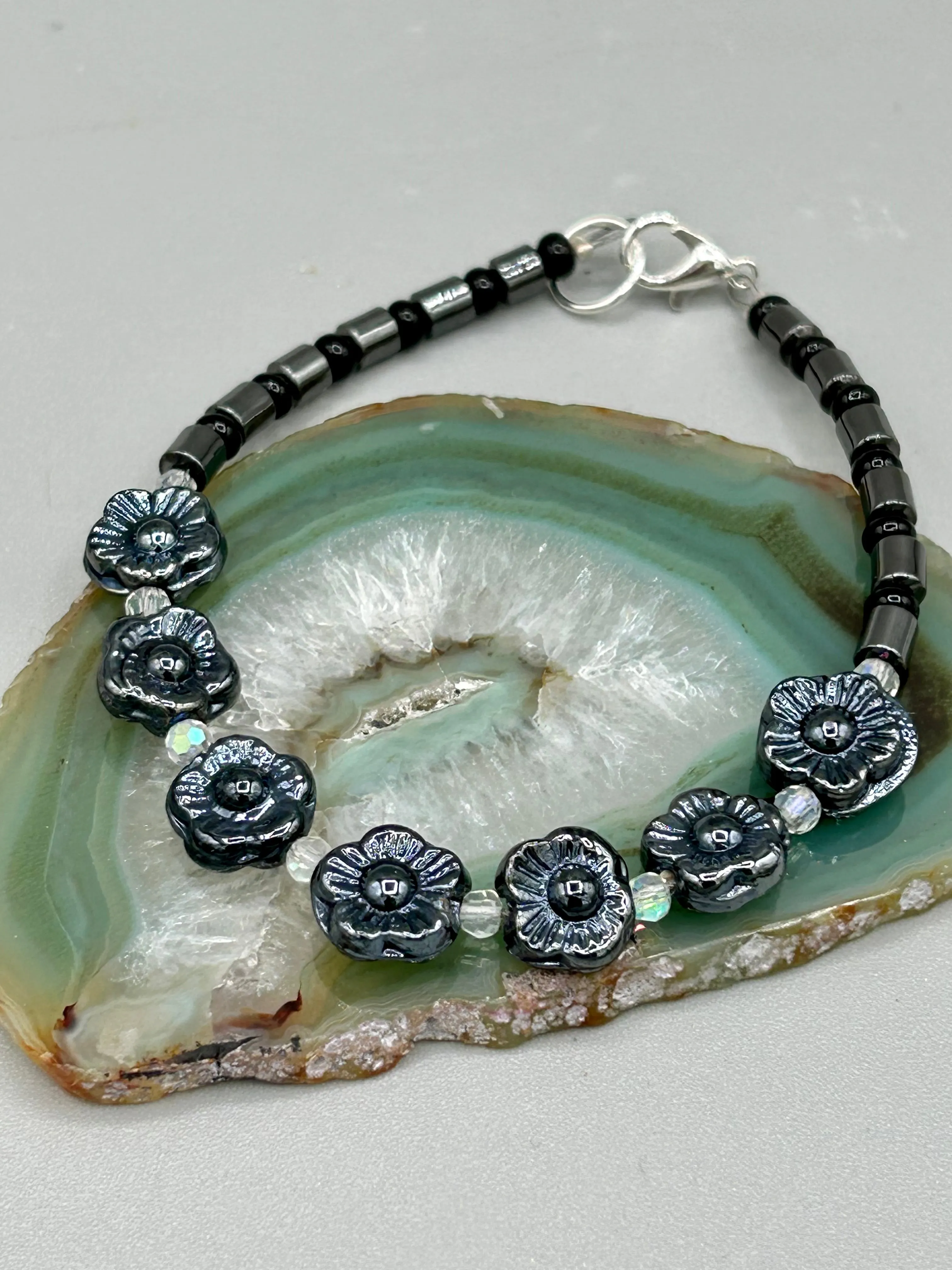 Black Metallic Pressed Glass Floral Beaded Bracelet, Nature Inspired, Summer Jewelry
