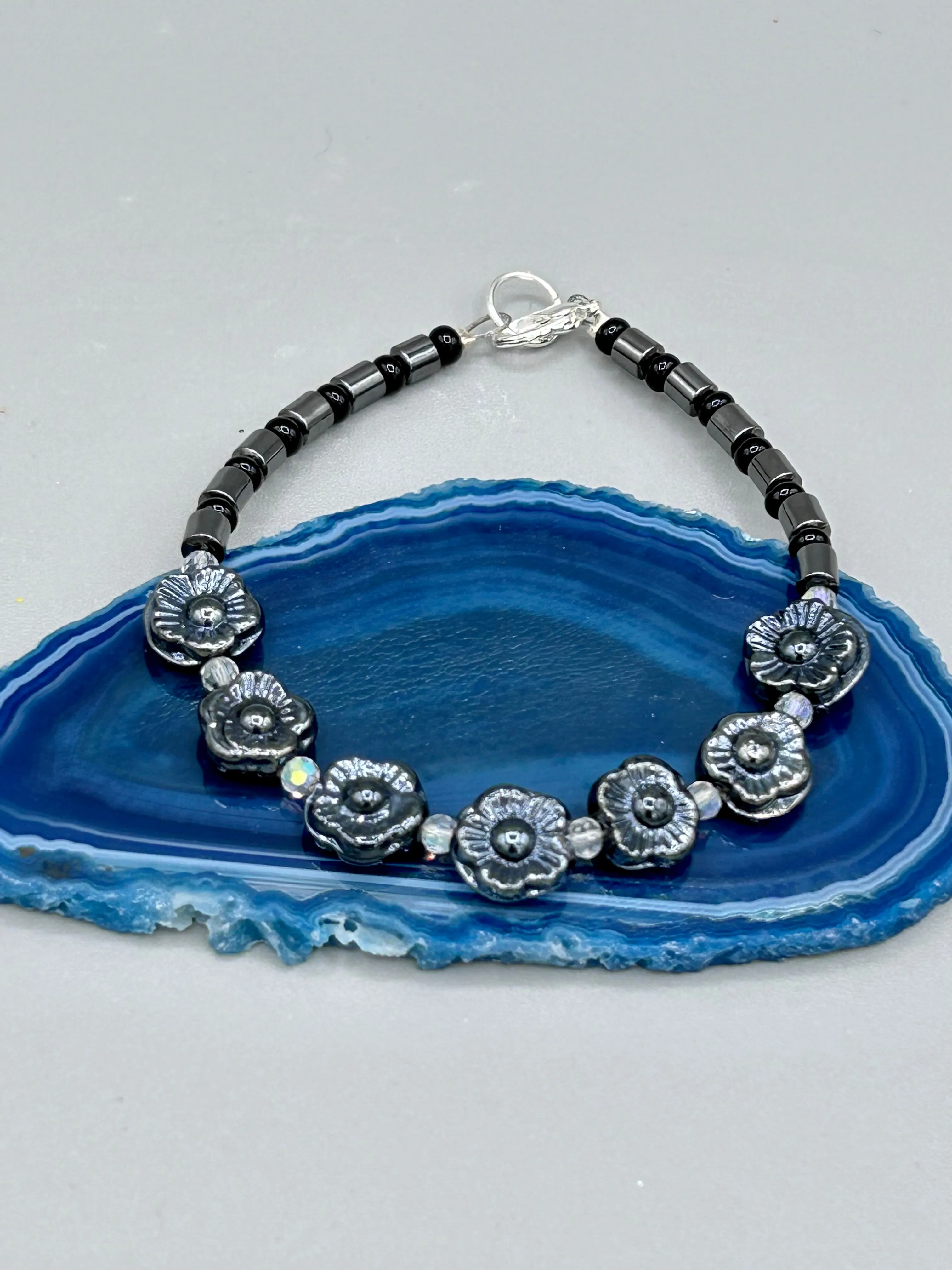 Black Metallic Pressed Glass Floral Beaded Bracelet, Nature Inspired, Summer Jewelry
