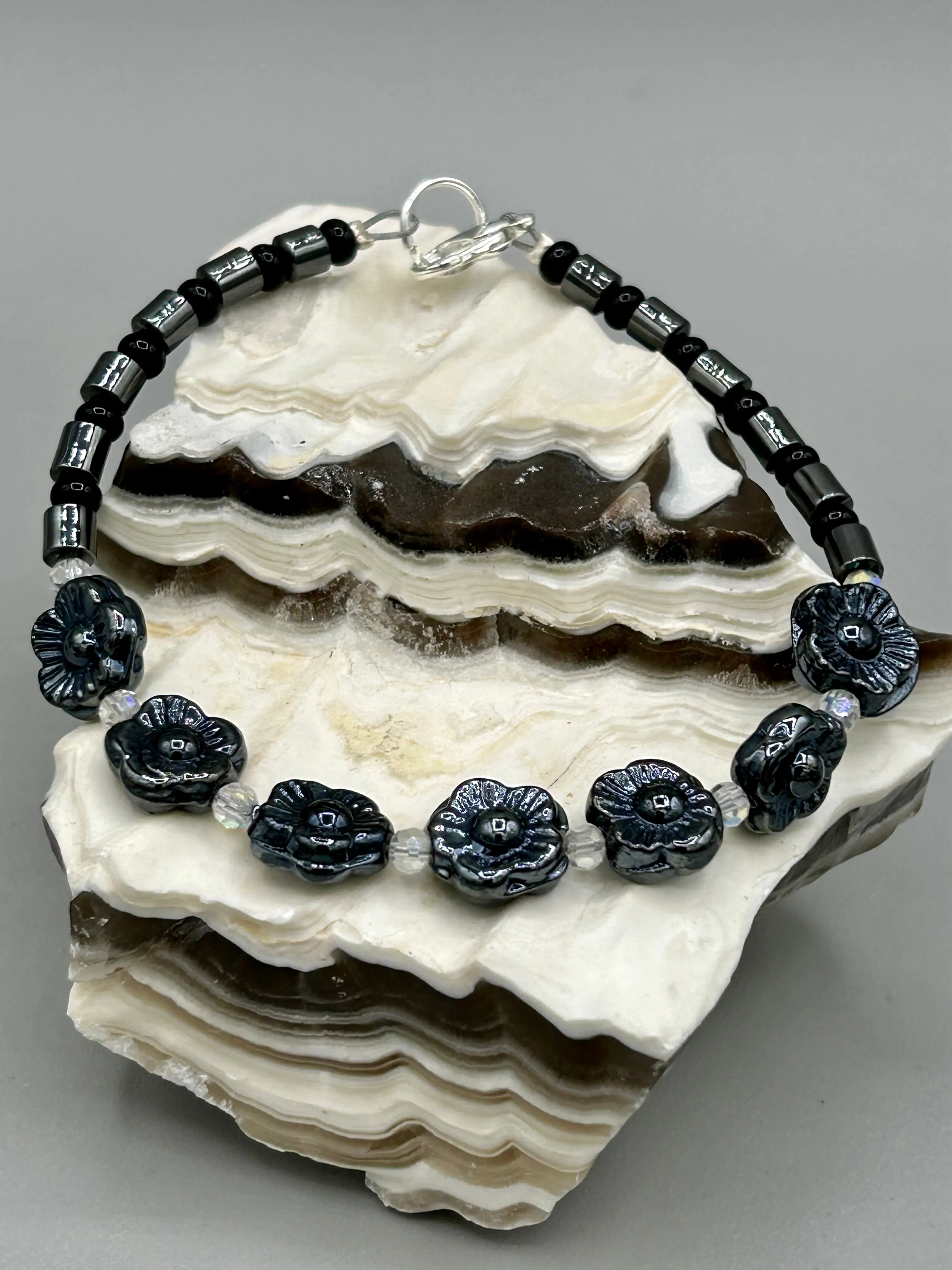 Black Metallic Pressed Glass Floral Beaded Bracelet, Nature Inspired, Summer Jewelry