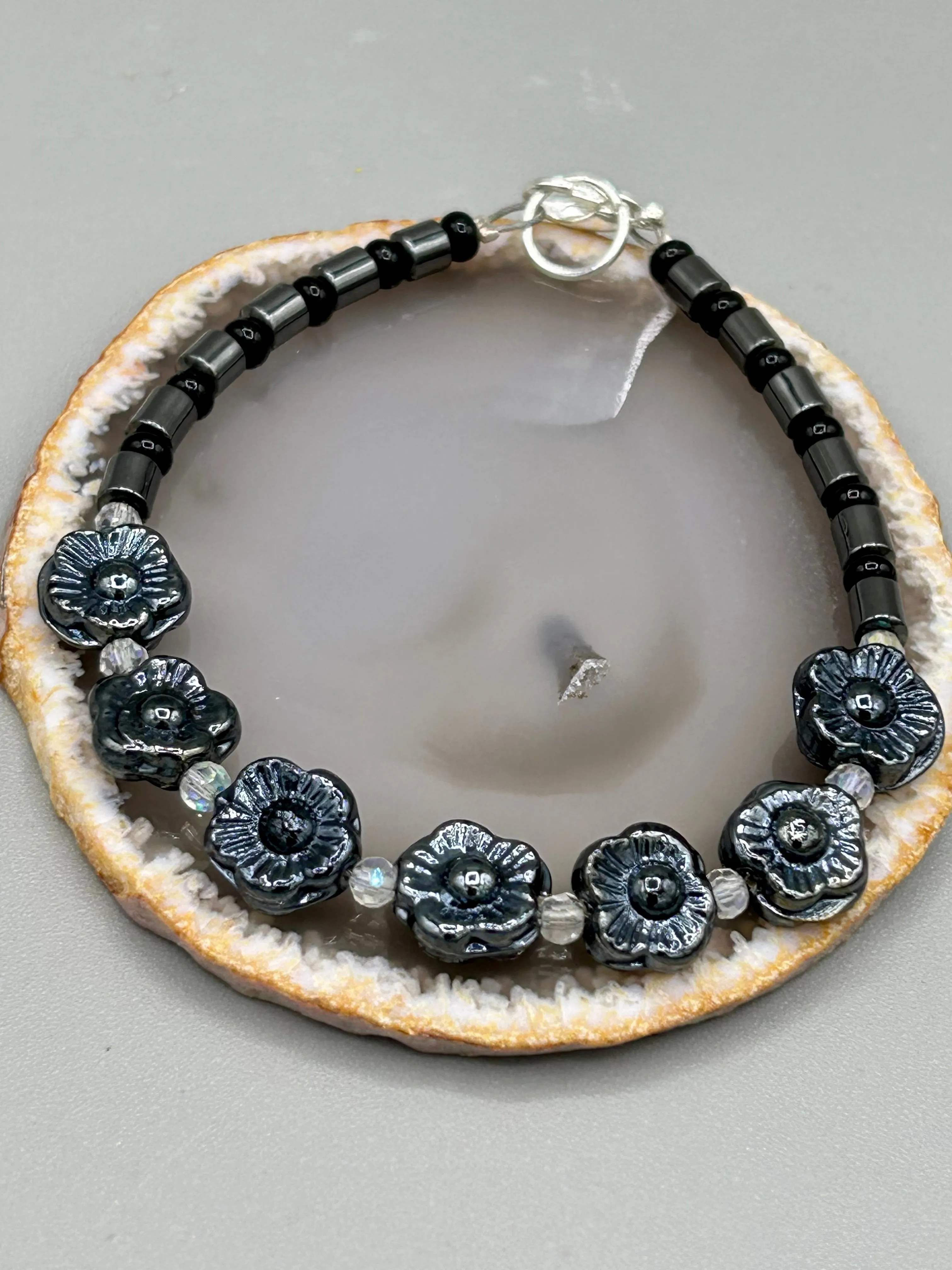 Black Metallic Pressed Glass Floral Beaded Bracelet, Nature Inspired, Summer Jewelry
