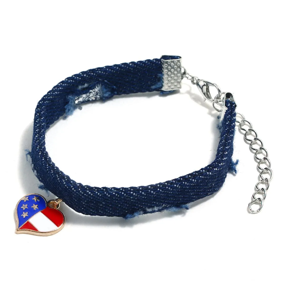 Blue & Silver-Plated American Flag Heart Bracelet