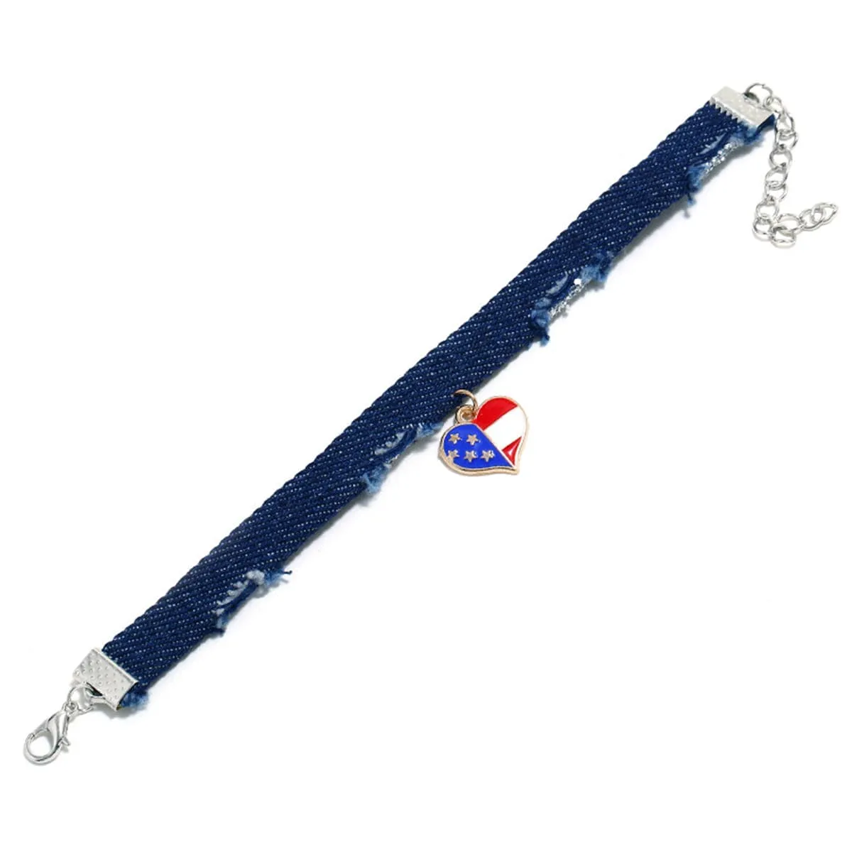 Blue & Silver-Plated American Flag Heart Bracelet