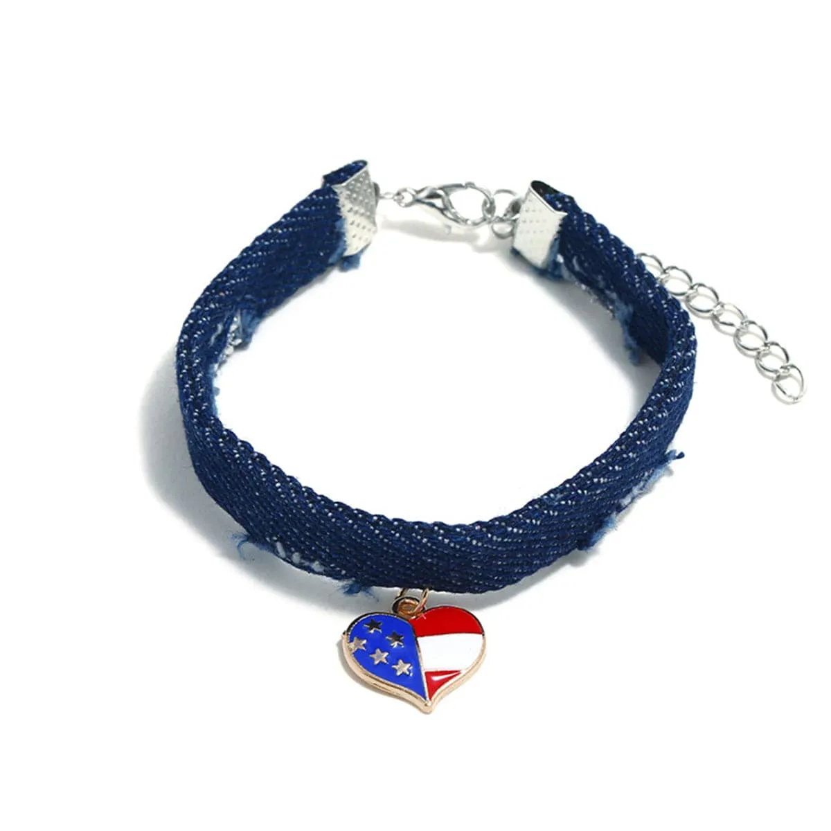 Blue & Silver-Plated American Flag Heart Bracelet