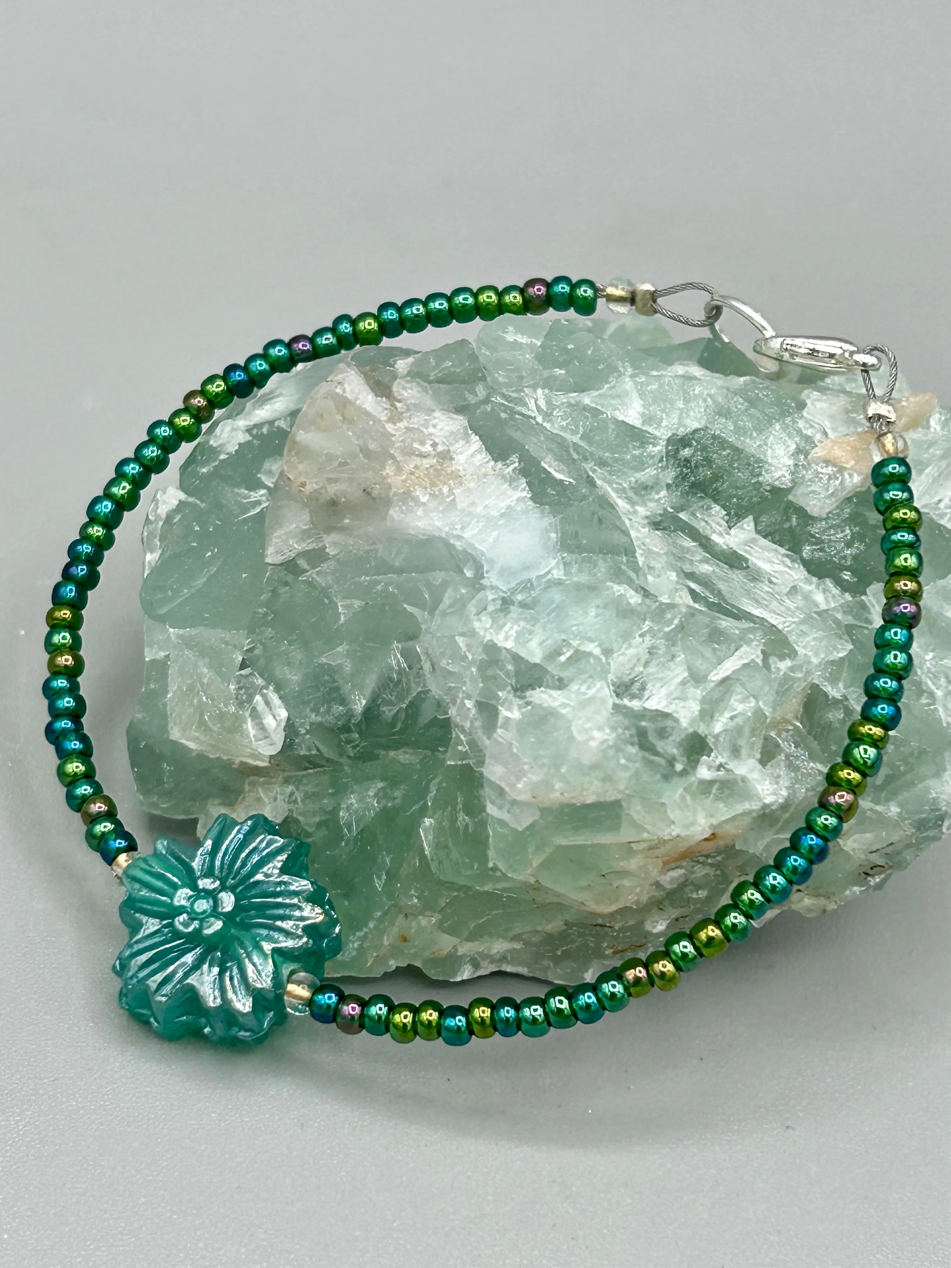 Blue-Green Pressed Glass Floral Beaded Necklace, Nature Inspired, Summer Jewelry