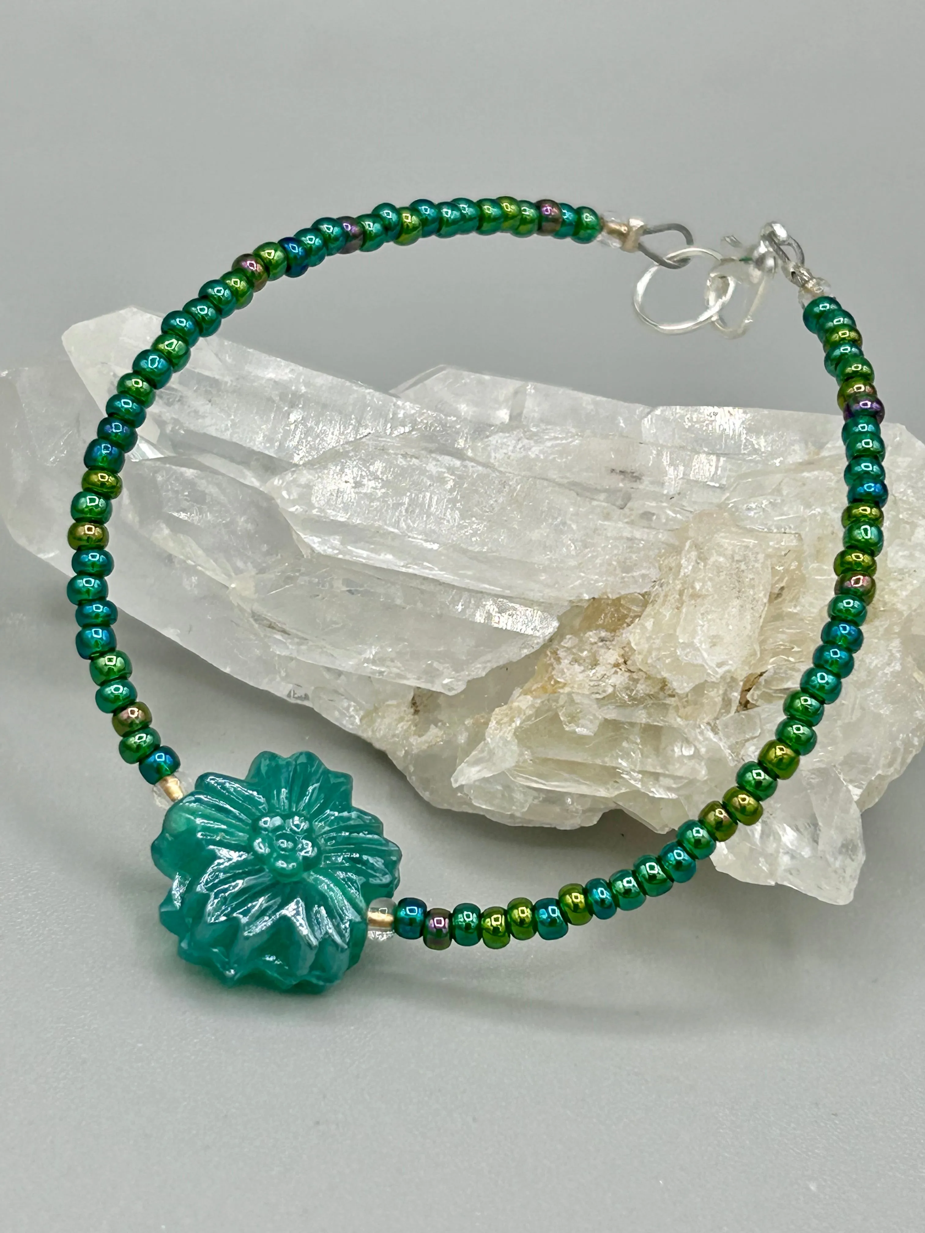 Blue-Green Pressed Glass Floral Beaded Necklace, Nature Inspired, Summer Jewelry