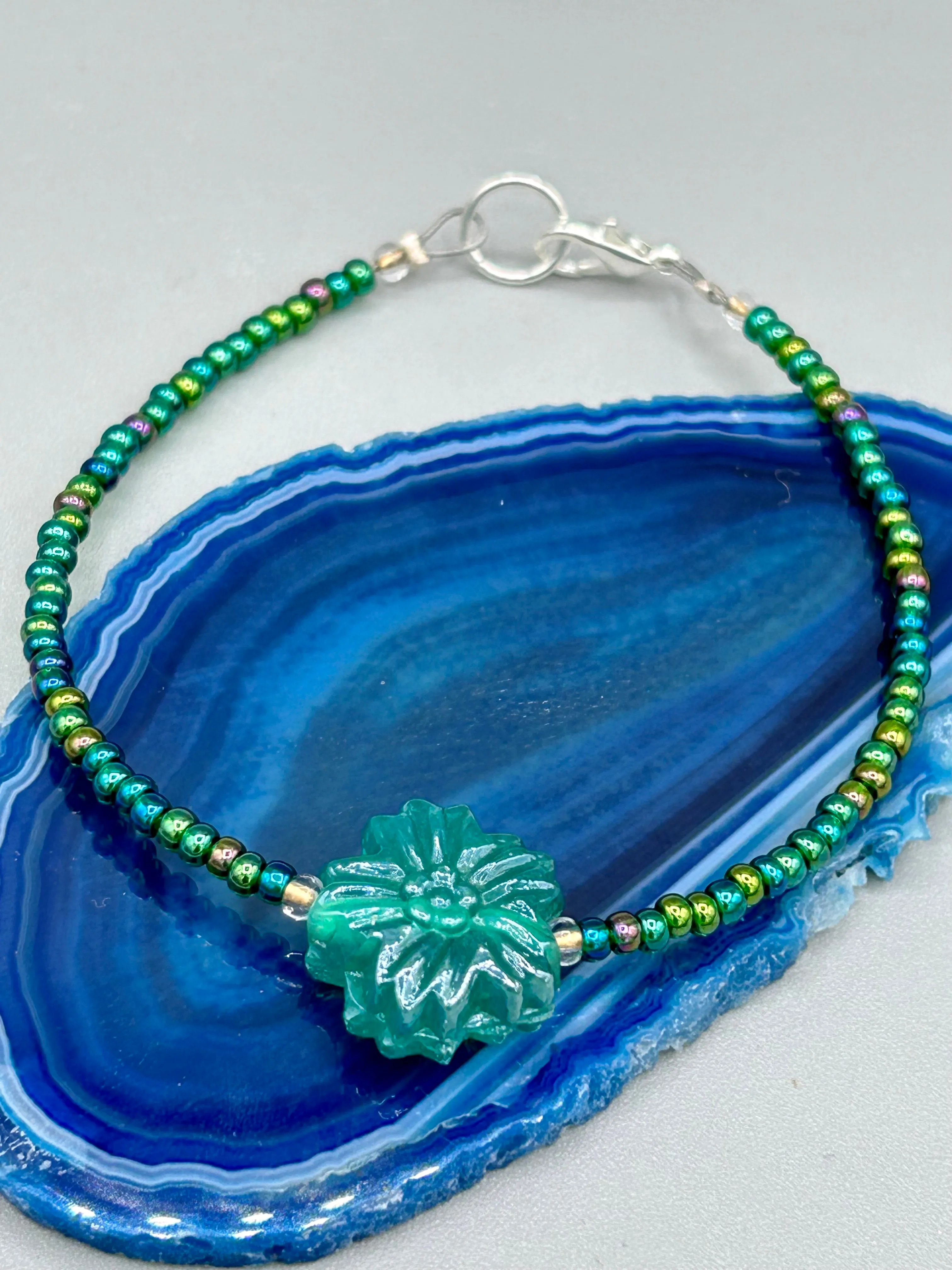 Blue-Green Pressed Glass Floral Beaded Necklace, Nature Inspired, Summer Jewelry