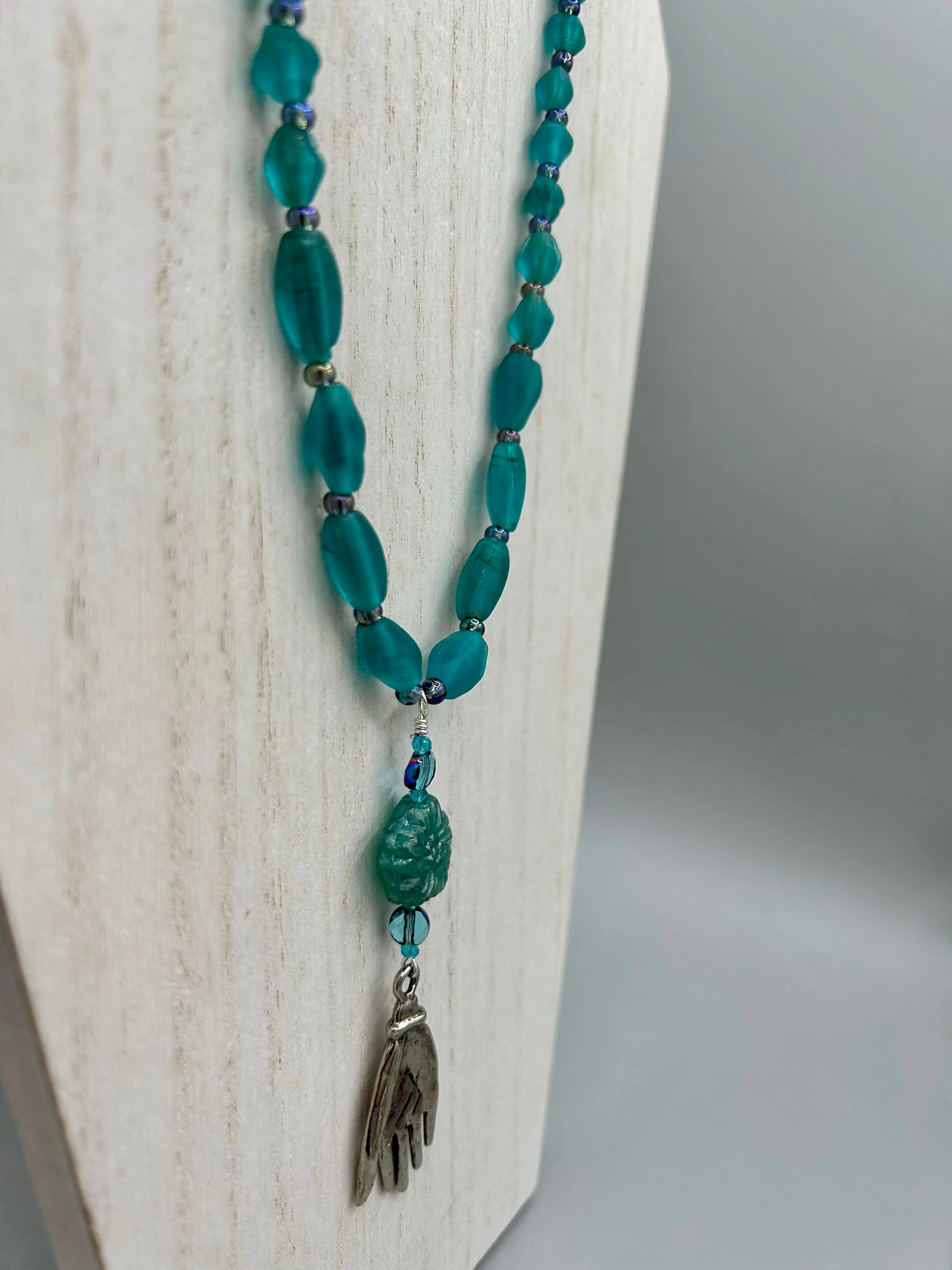 Blue-Green Pressed Glass Floral Beaded Necklace, Nature Inspired, Summer Jewelry