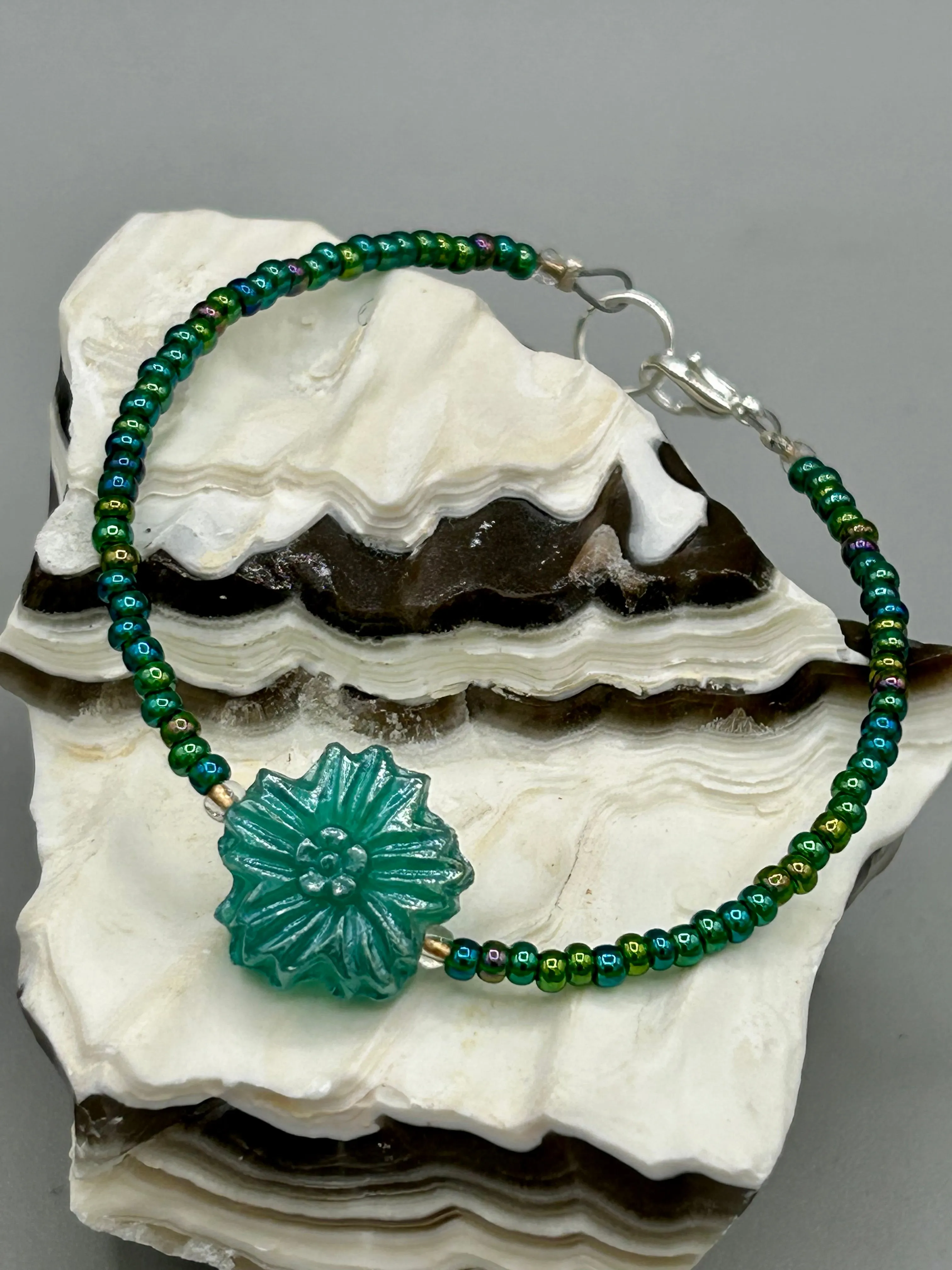 Blue-Green Pressed Glass Floral Beaded Necklace, Nature Inspired, Summer Jewelry