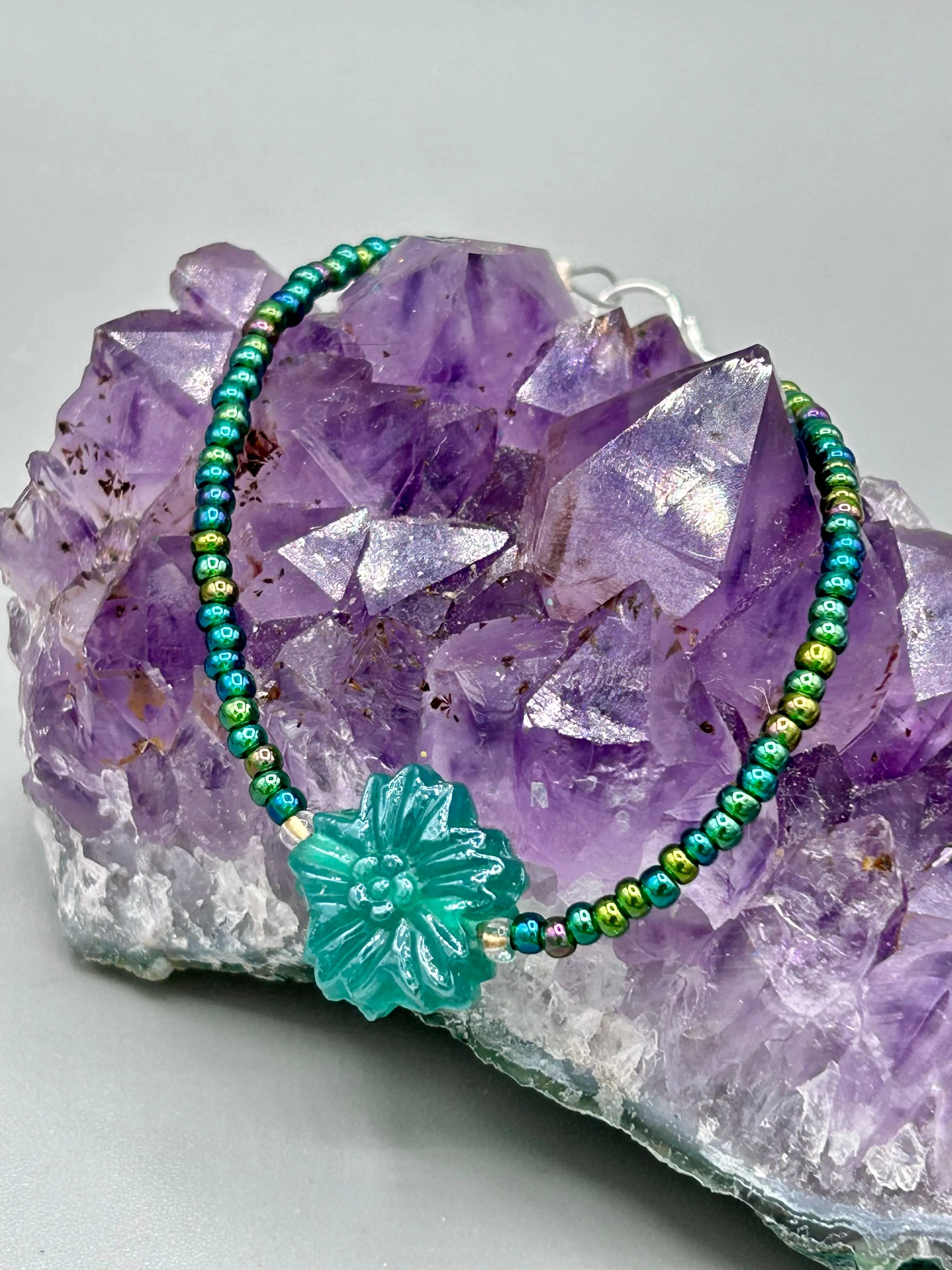 Blue-Green Pressed Glass Floral Beaded Necklace, Nature Inspired, Summer Jewelry