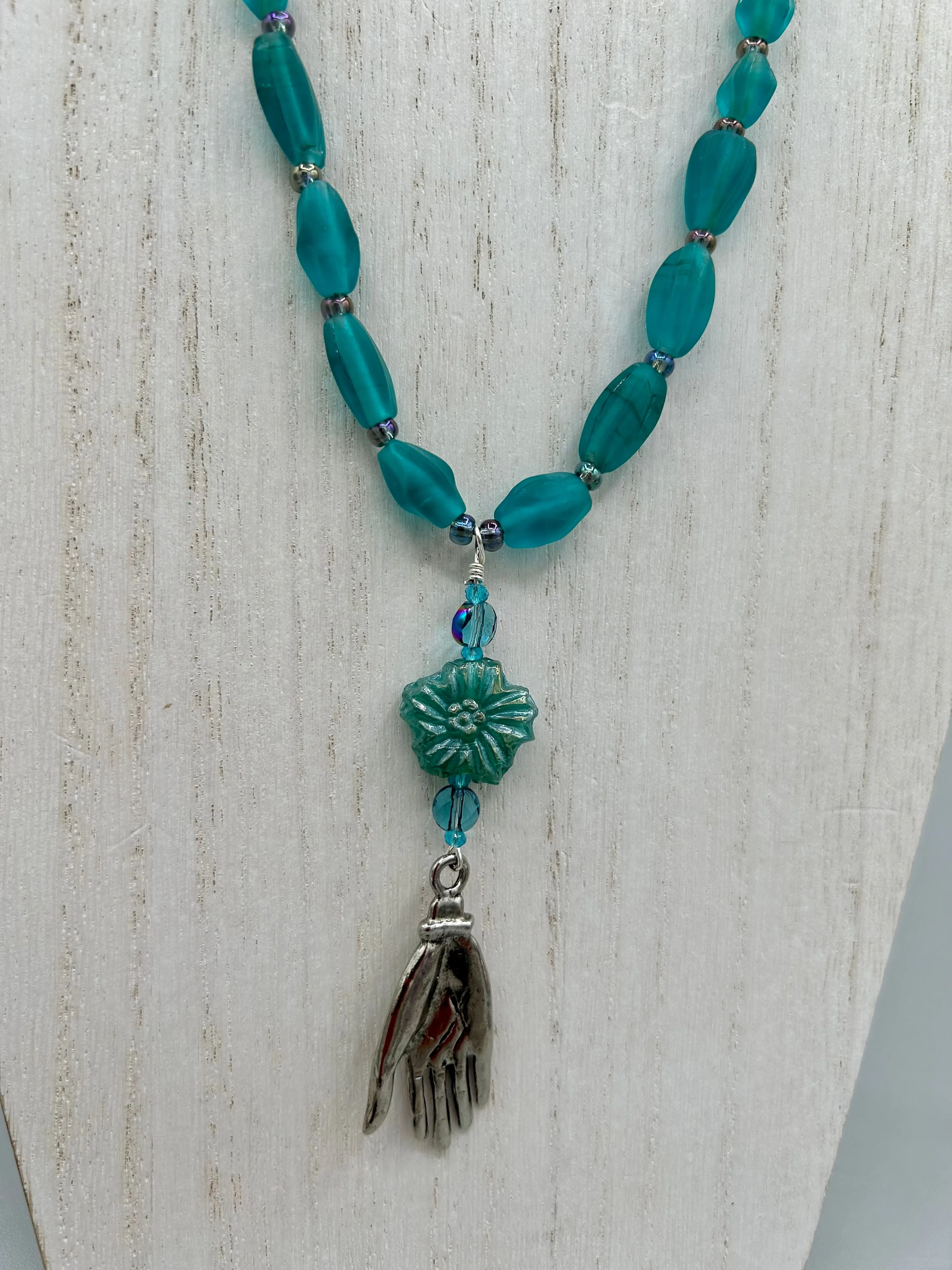 Blue-Green Pressed Glass Floral Beaded Necklace, Nature Inspired, Summer Jewelry