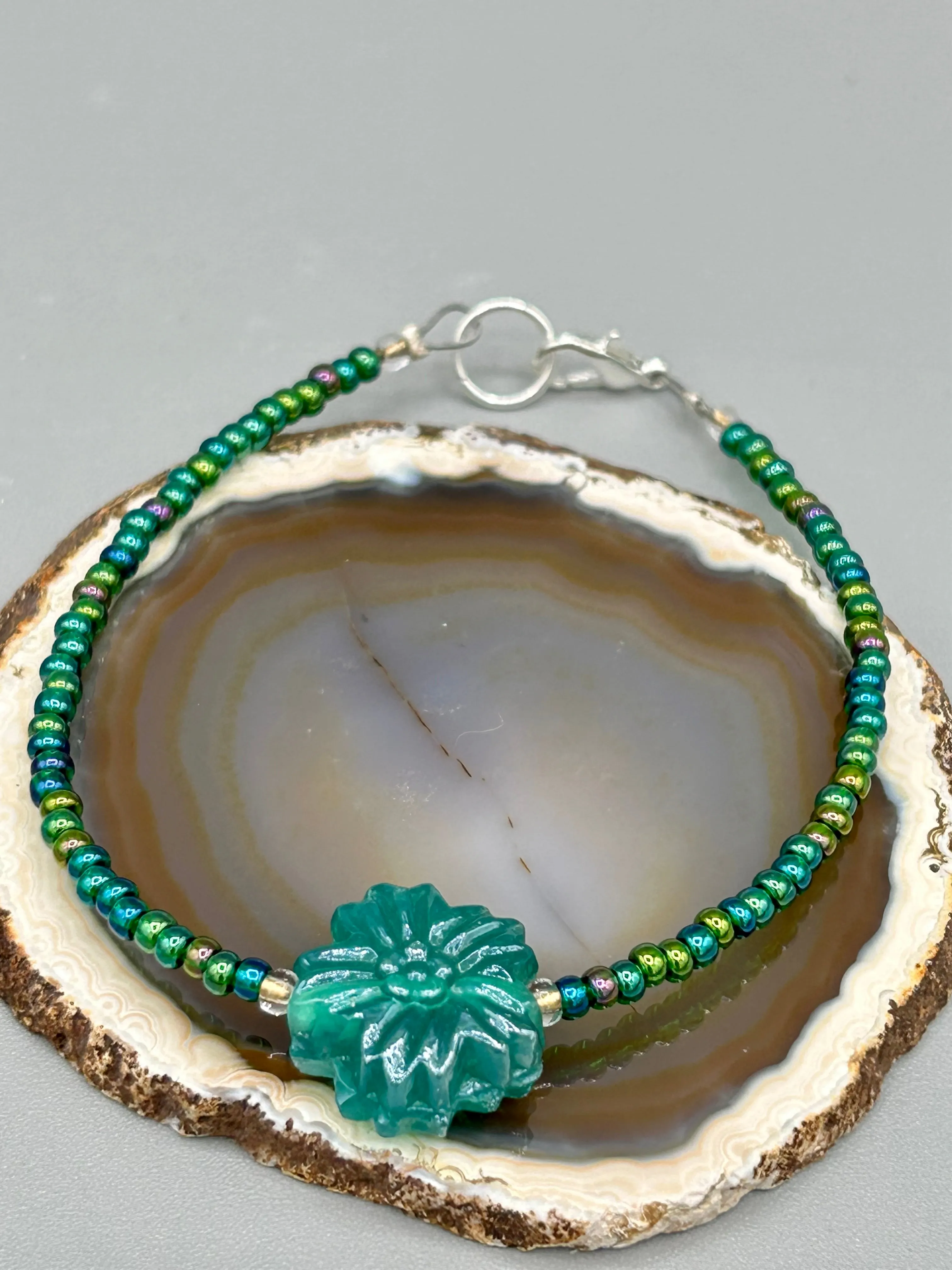 Blue-Green Pressed Glass Floral Beaded Necklace, Nature Inspired, Summer Jewelry
