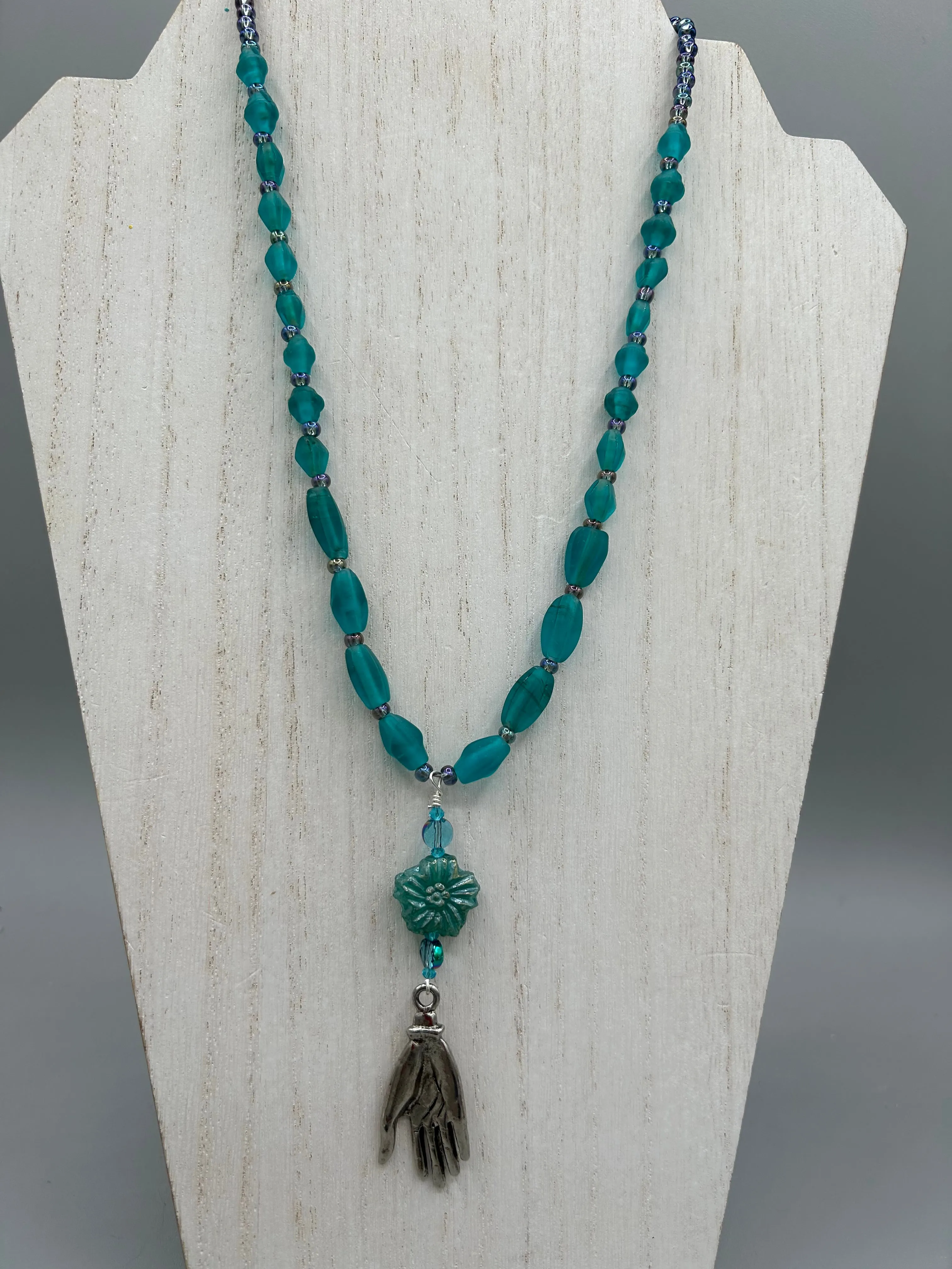 Blue-Green Pressed Glass Floral Beaded Necklace, Nature Inspired, Summer Jewelry
