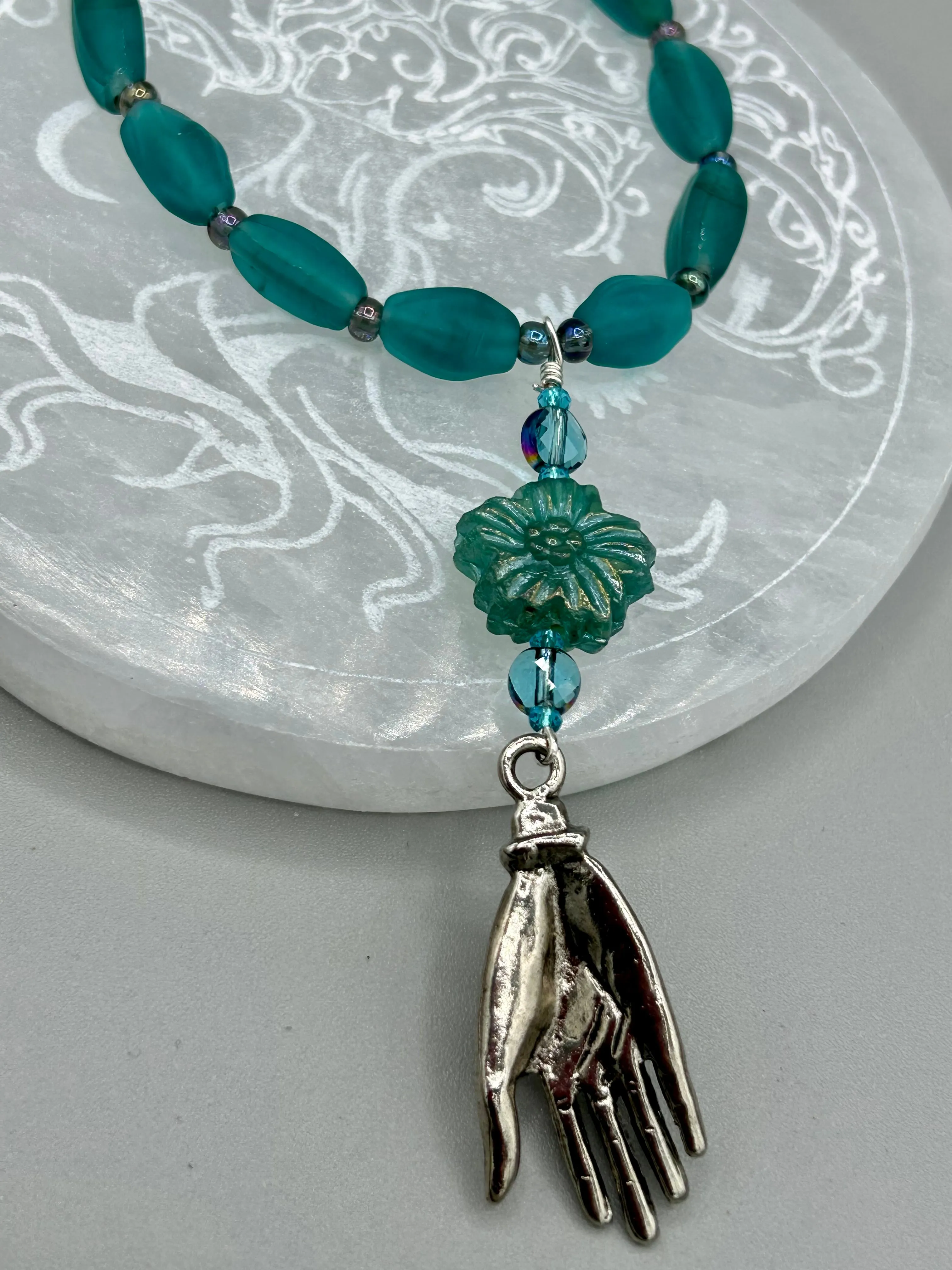 Blue-Green Pressed Glass Floral Beaded Necklace, Nature Inspired, Summer Jewelry