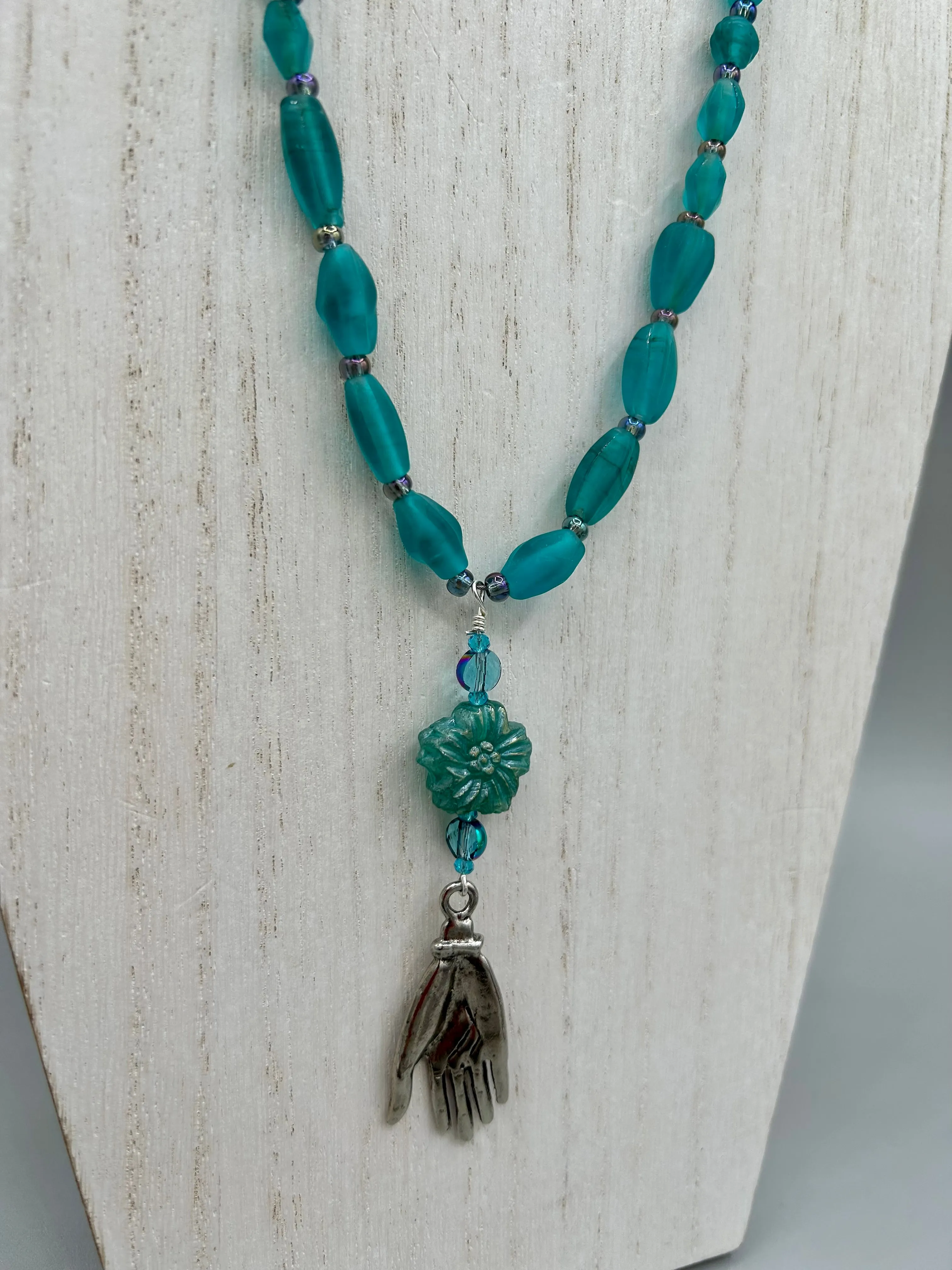 Blue-Green Pressed Glass Floral Beaded Necklace, Nature Inspired, Summer Jewelry