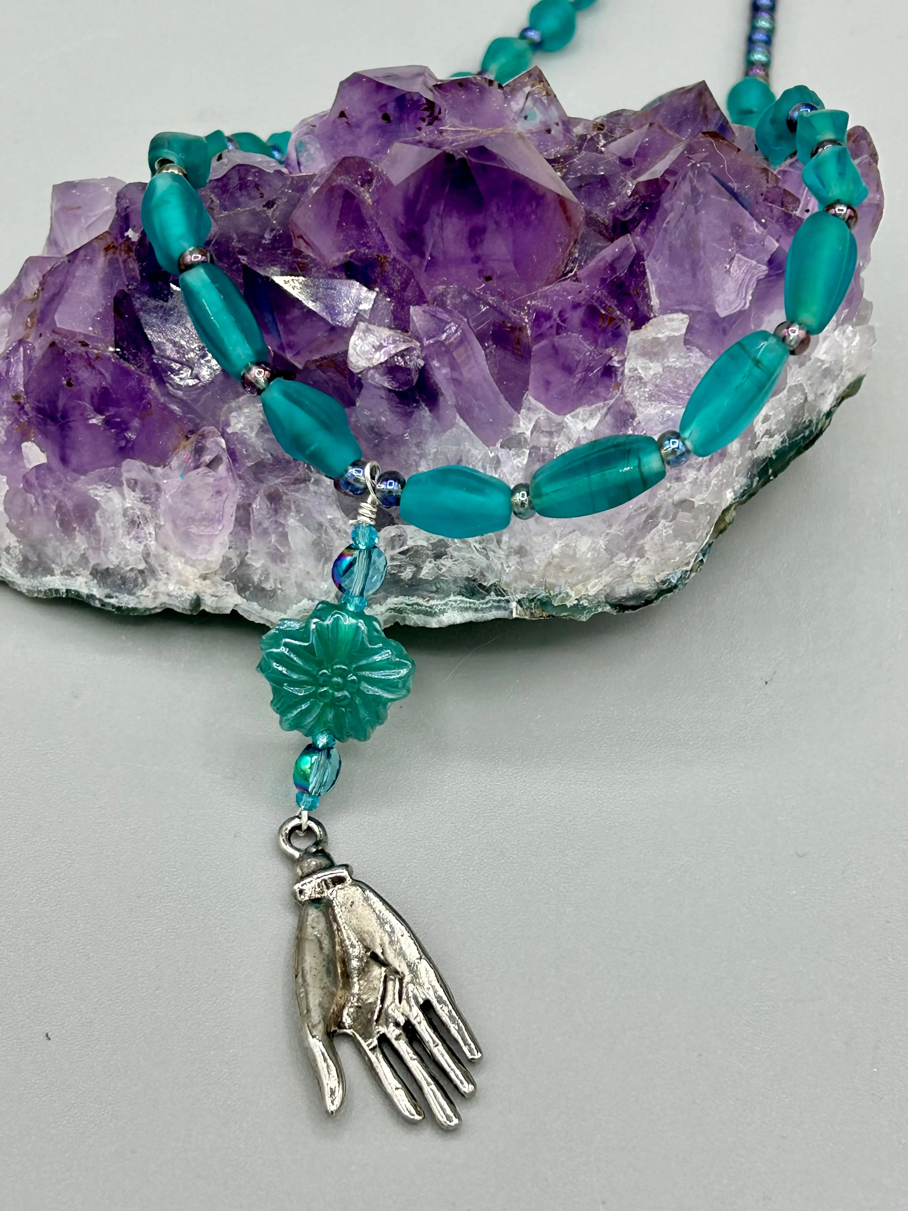 Blue-Green Pressed Glass Floral Beaded Necklace, Nature Inspired, Summer Jewelry