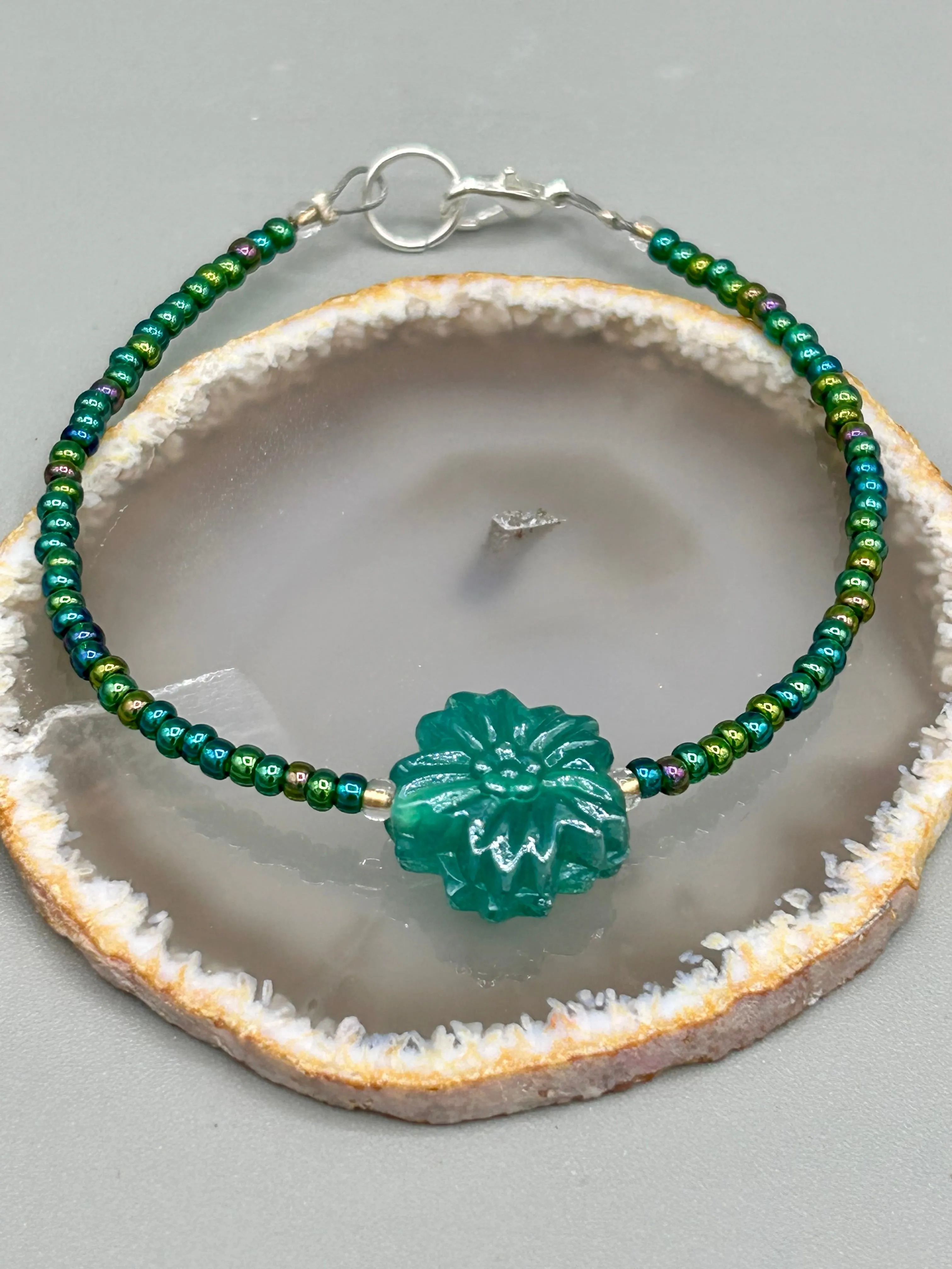 Blue-Green Pressed Glass Floral Beaded Necklace, Nature Inspired, Summer Jewelry