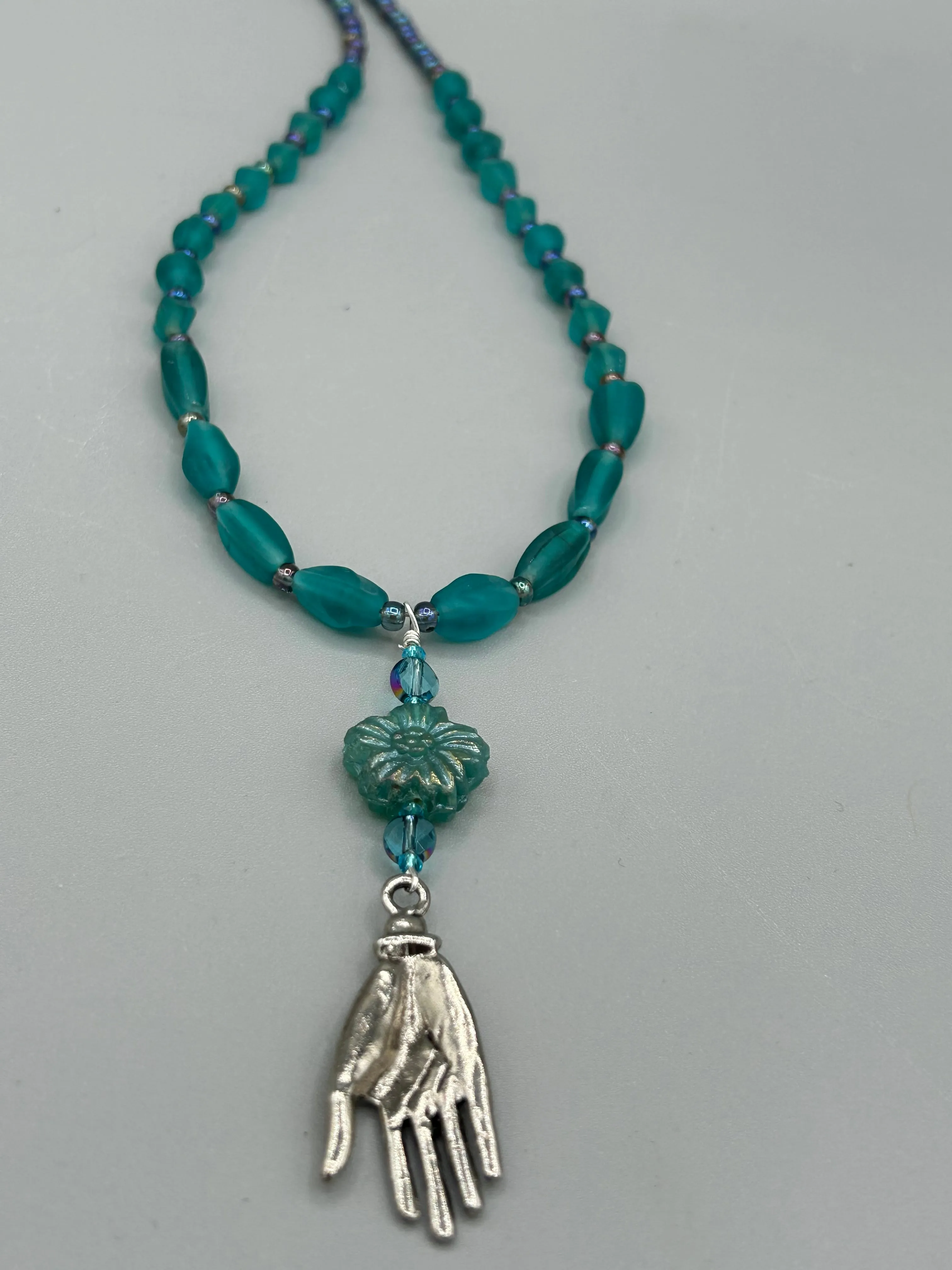 Blue-Green Pressed Glass Floral Beaded Necklace, Nature Inspired, Summer Jewelry