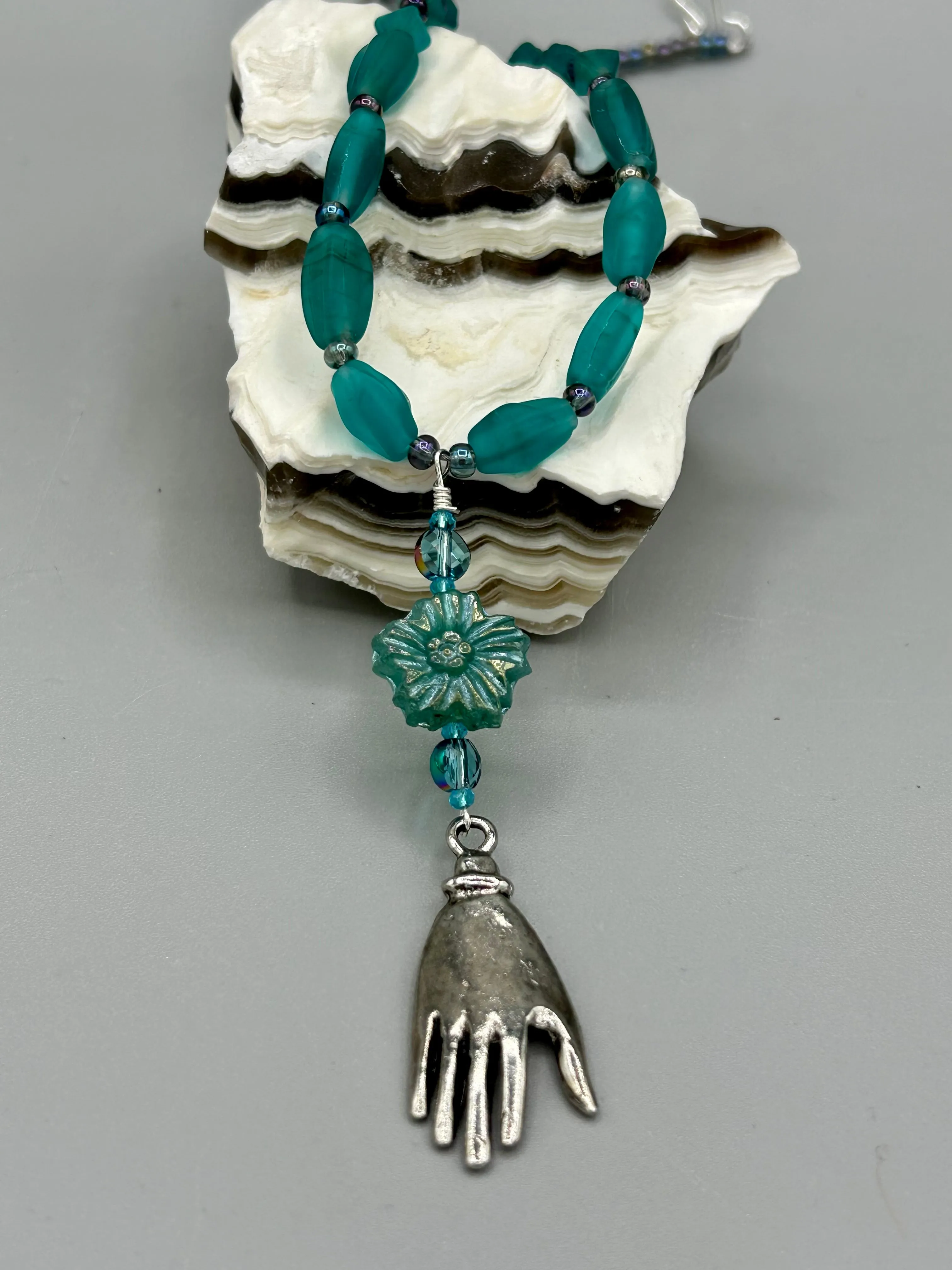 Blue-Green Pressed Glass Floral Beaded Necklace, Nature Inspired, Summer Jewelry