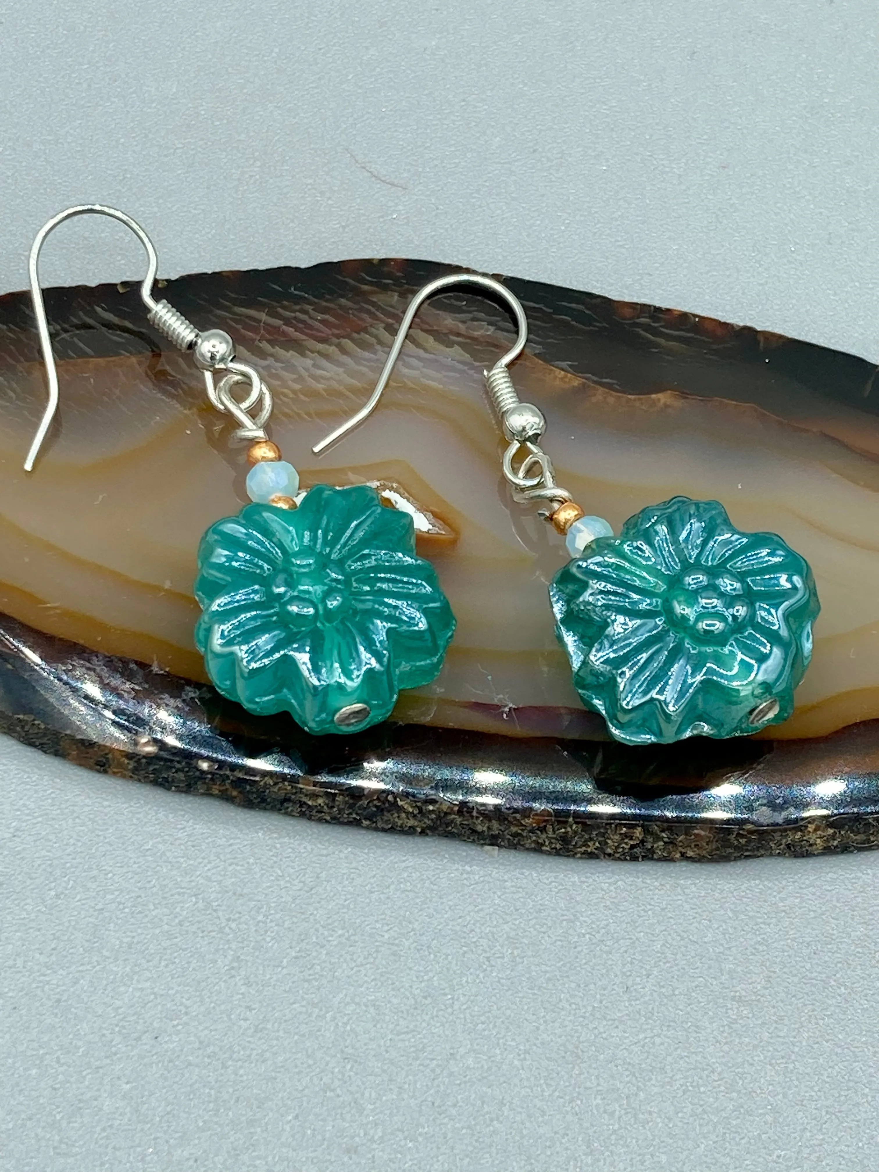 Blue-Green Pressed Glass Floral Beaded Necklace, Nature Inspired, Summer Jewelry