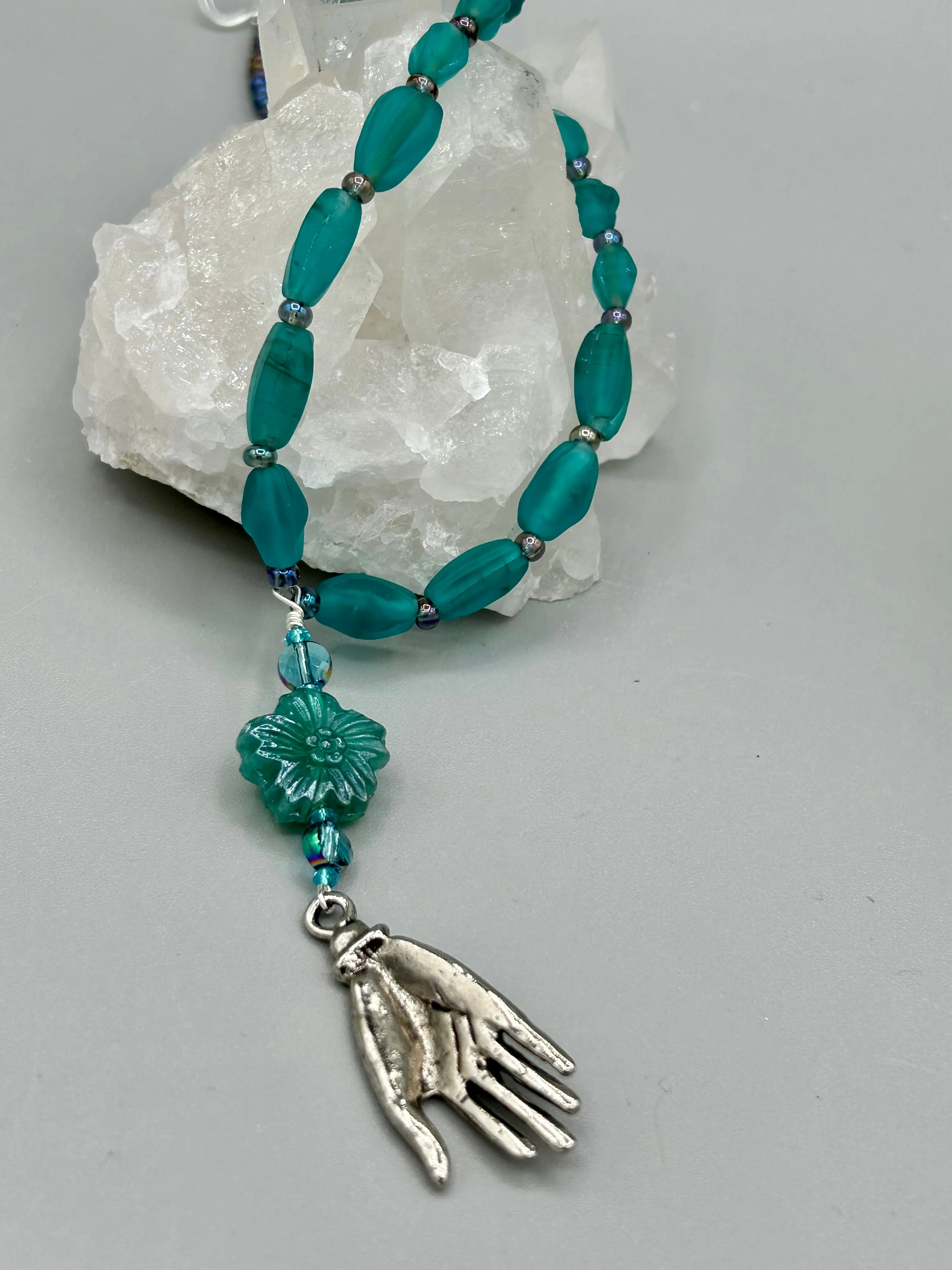 Blue-Green Pressed Glass Floral Beaded Necklace, Nature Inspired, Summer Jewelry