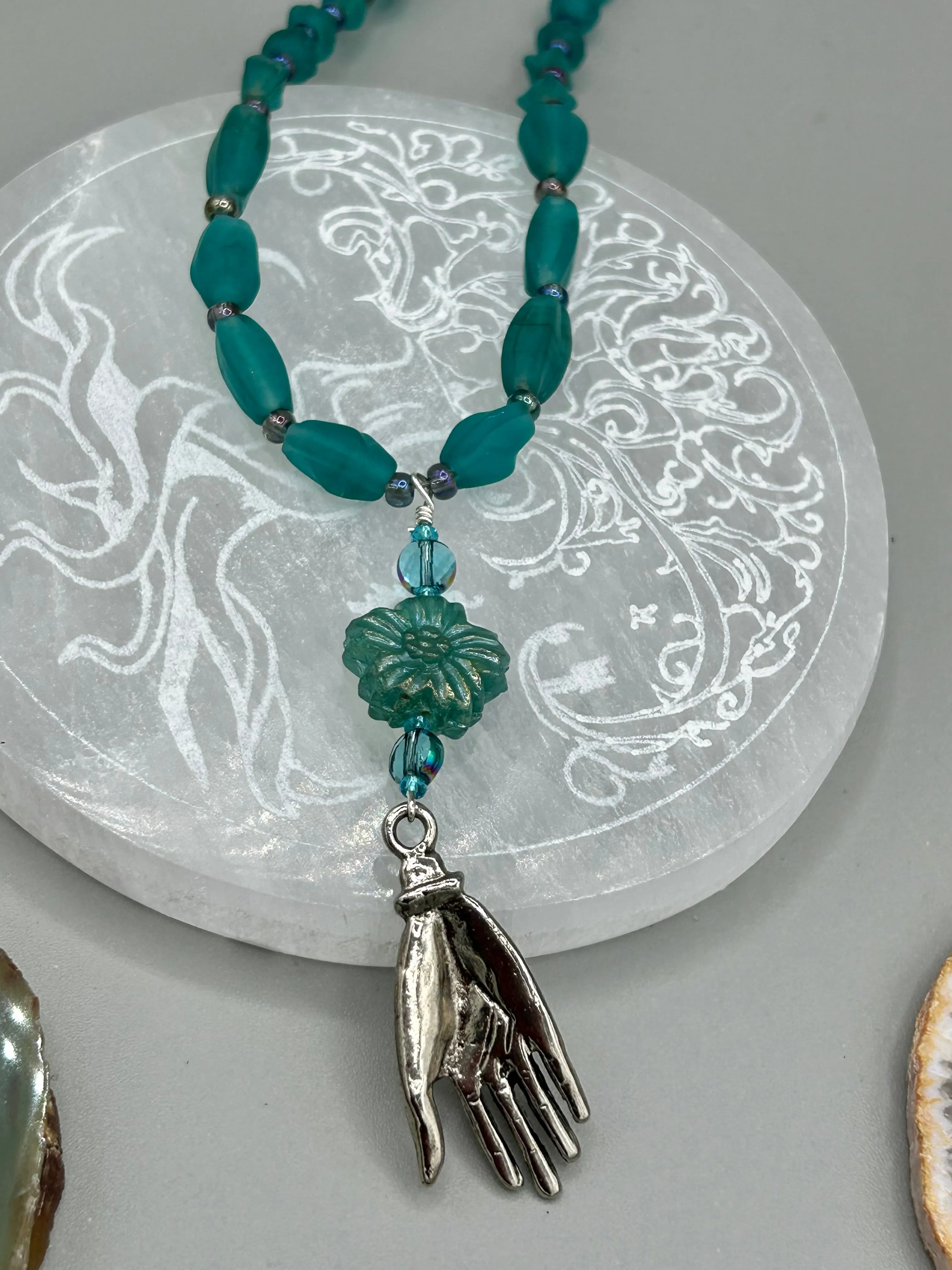 Blue-Green Pressed Glass Floral Beaded Necklace, Nature Inspired, Summer Jewelry