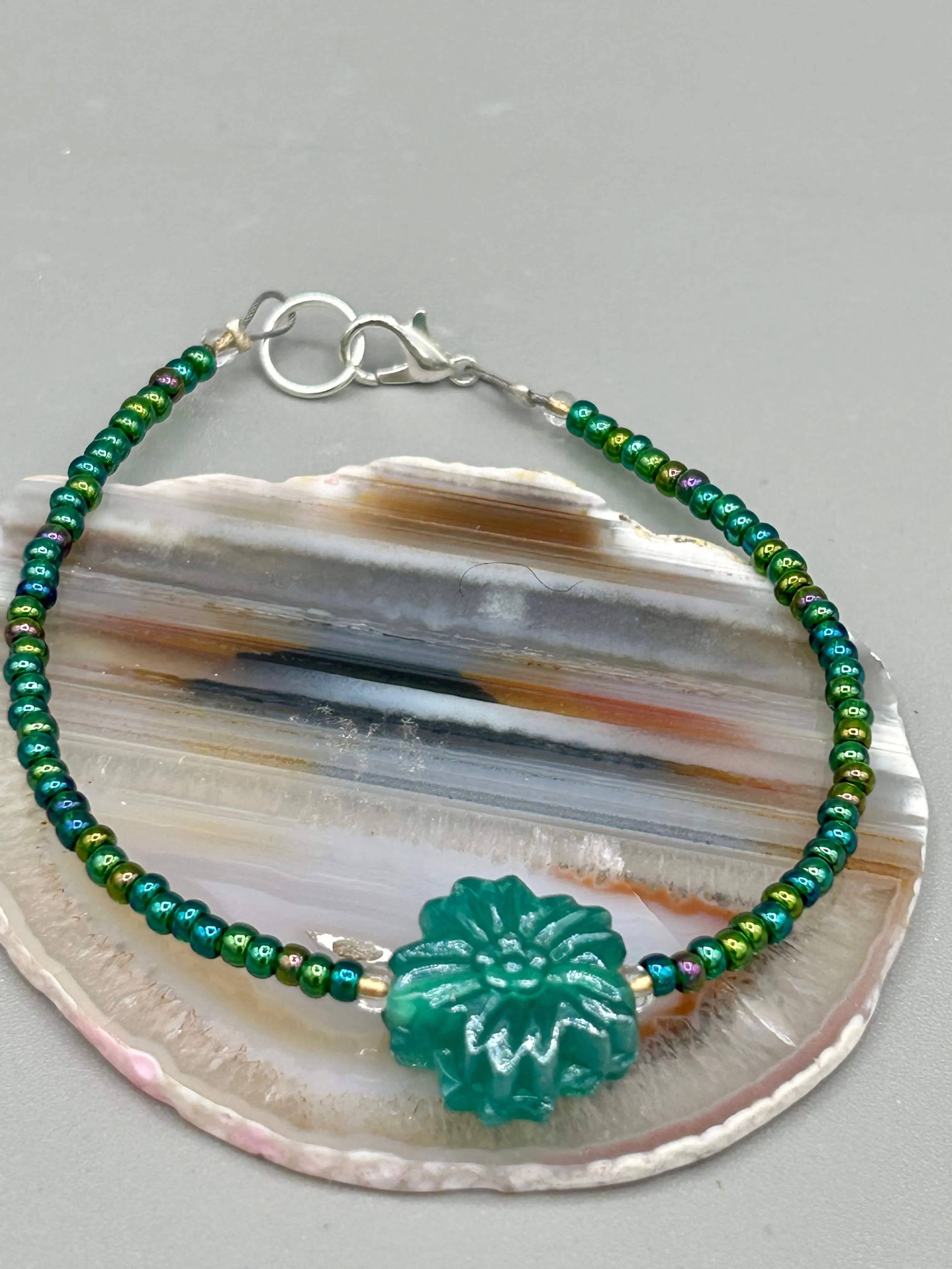 Blue-Green Pressed Glass Floral Beaded Necklace, Nature Inspired, Summer Jewelry