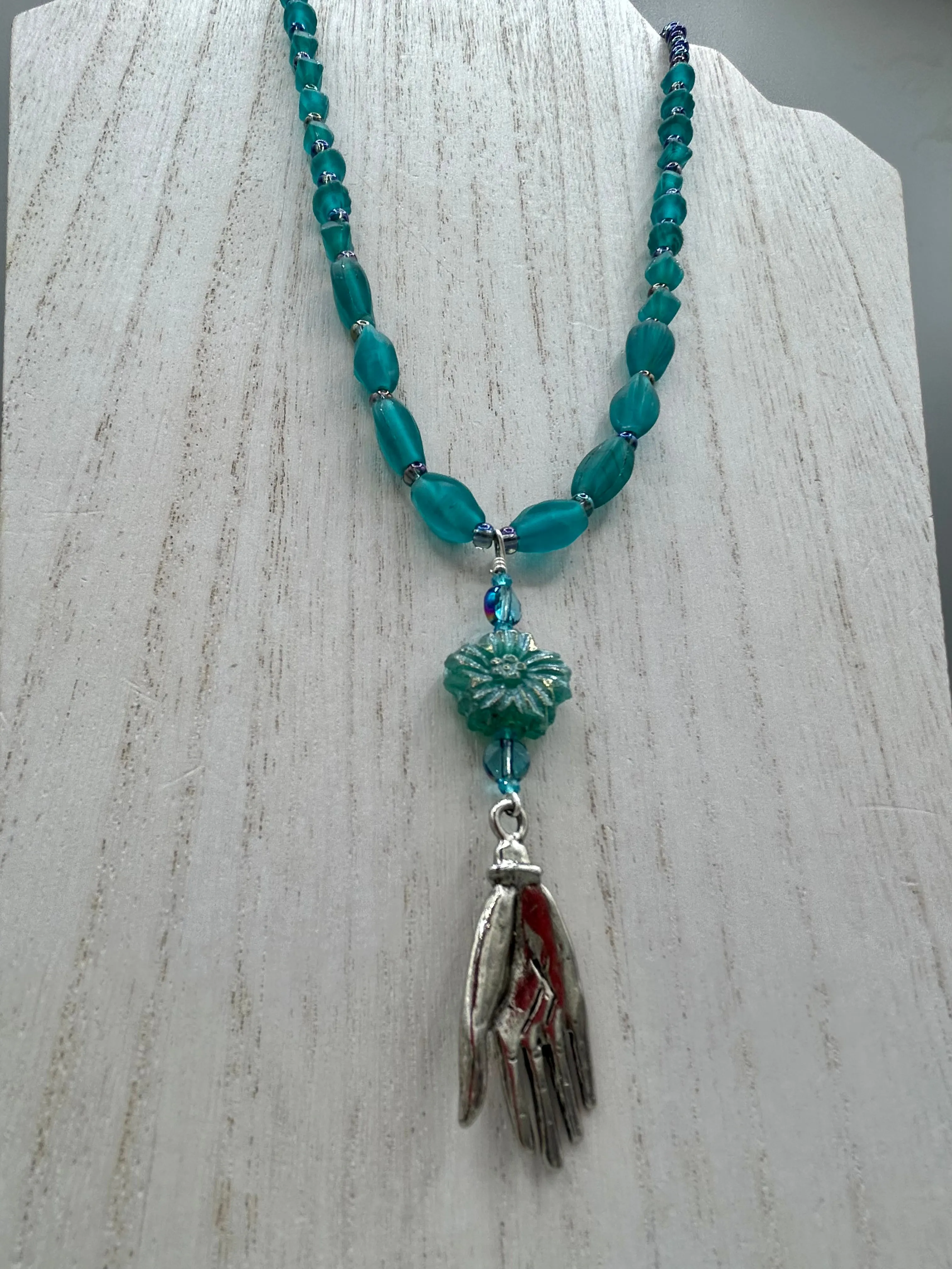 Blue-Green Pressed Glass Floral Beaded Necklace, Nature Inspired, Summer Jewelry