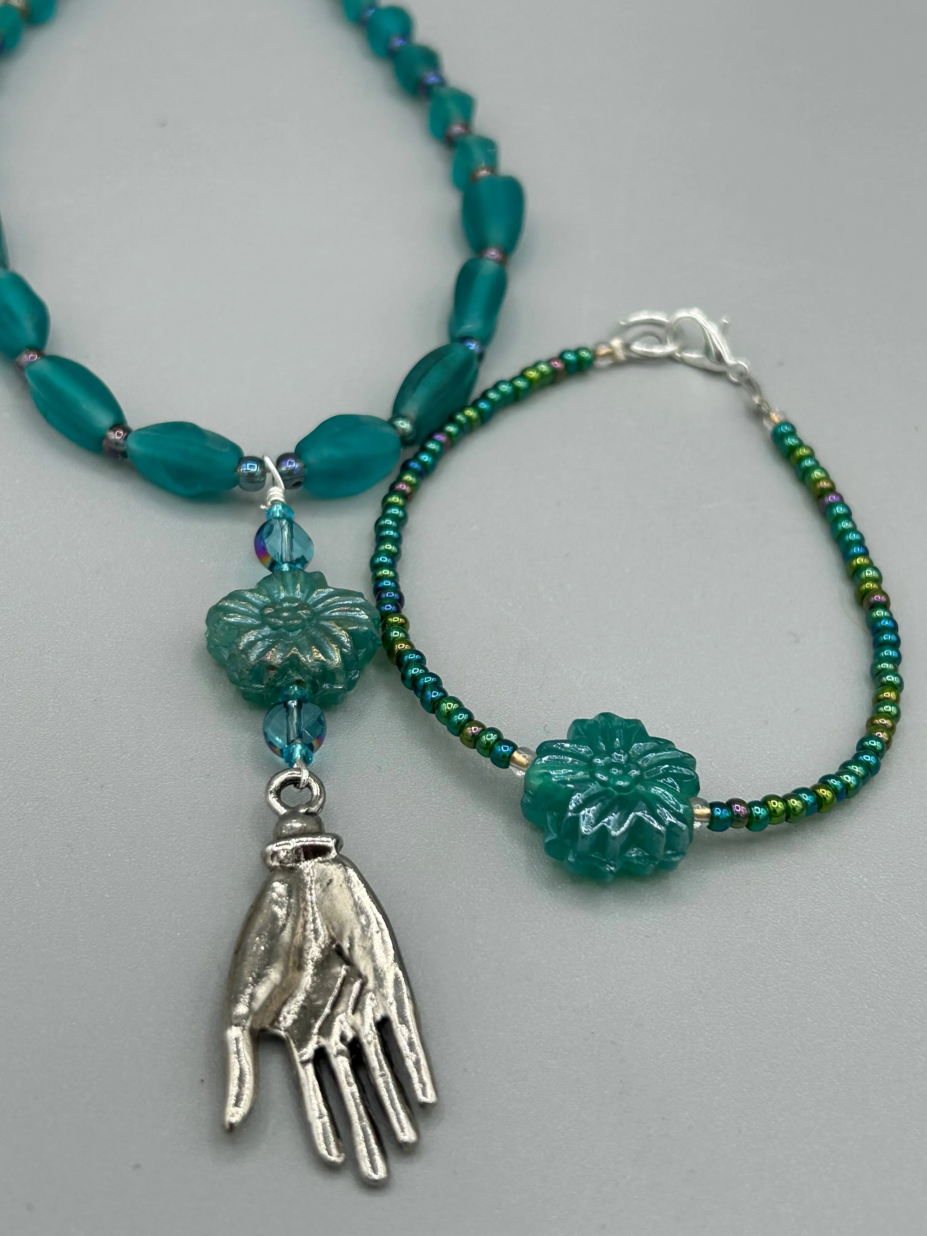 Blue-Green Pressed Glass Floral Beaded Necklace, Nature Inspired, Summer Jewelry