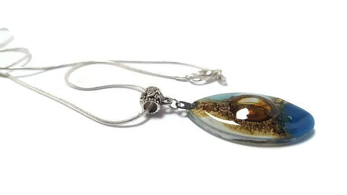 Blue, white and Brown Fused Glass leaf Pendant. Recycled Glass Necklace