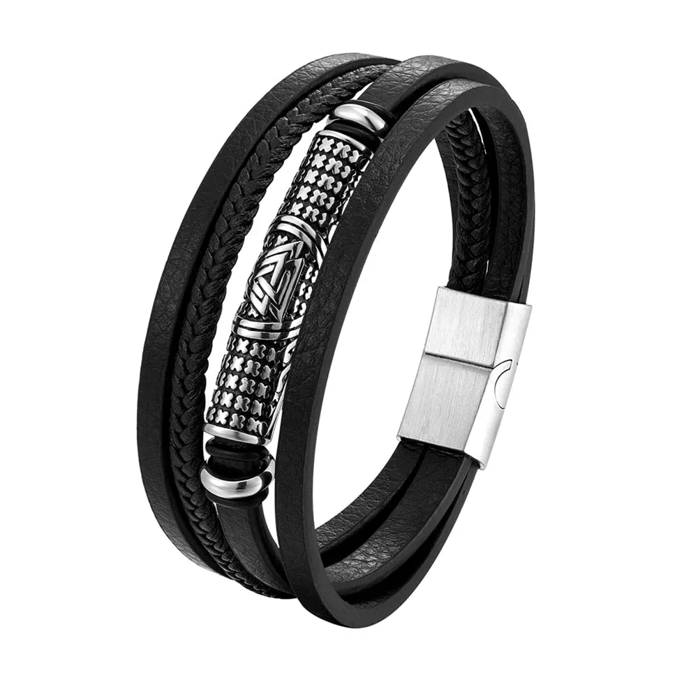 Bracelet Leather Braided Rope - Charm Stainless Steel