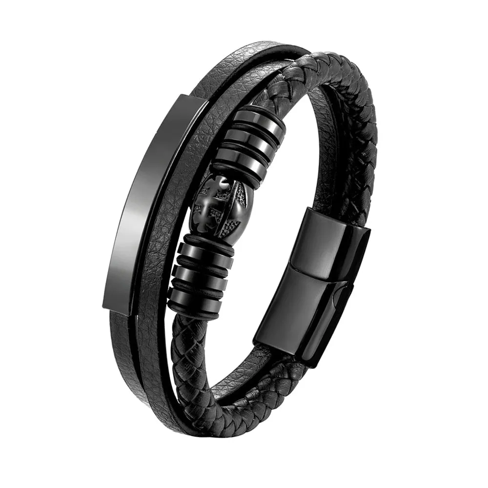 Bracelet Leather Braided Rope - Charm Stainless Steel