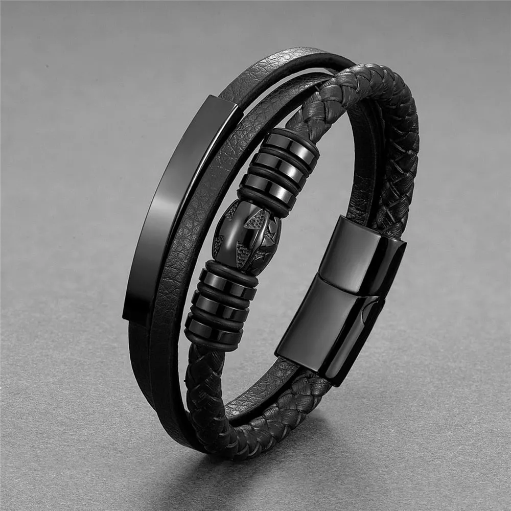 Bracelet Leather Braided Rope - Charm Stainless Steel