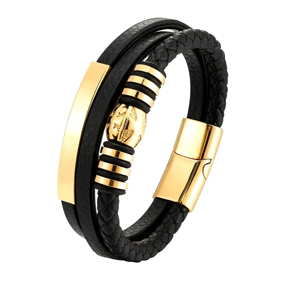 Bracelet Leather Braided Rope - Charm Stainless Steel