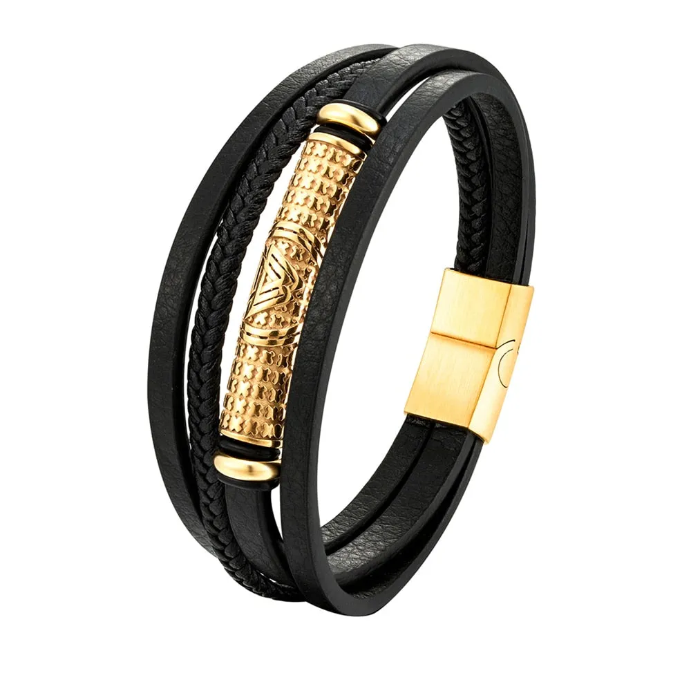 Bracelet Leather Braided Rope - Charm Stainless Steel