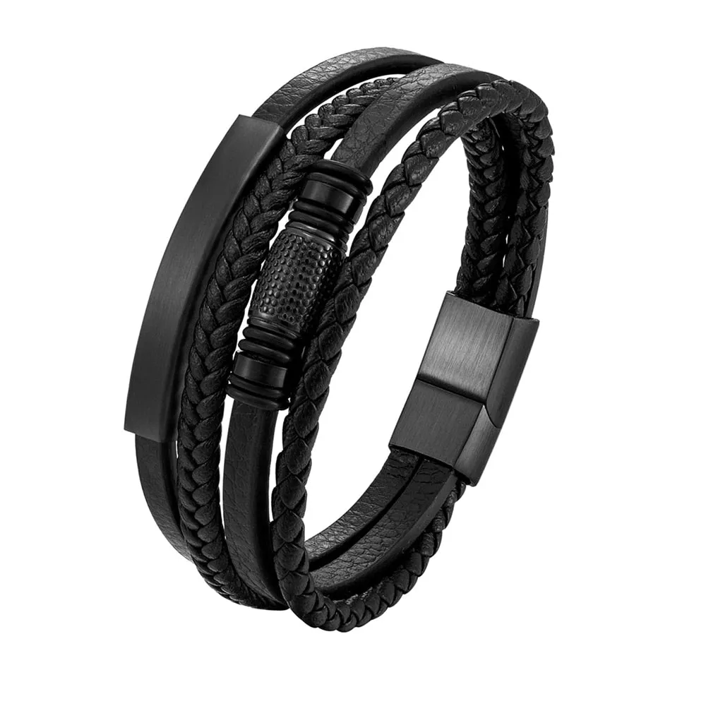 Bracelet Leather Braided Rope - Charm Stainless Steel