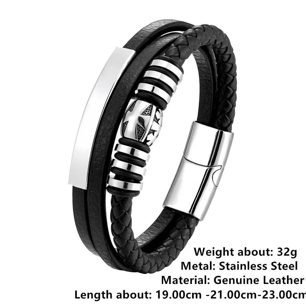 Bracelet Leather Braided Rope - Charm Stainless Steel