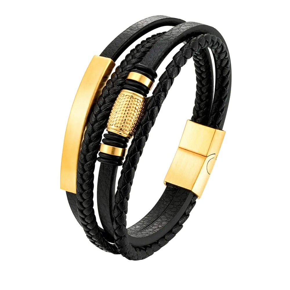 Bracelet Leather Braided Rope - Charm Stainless Steel