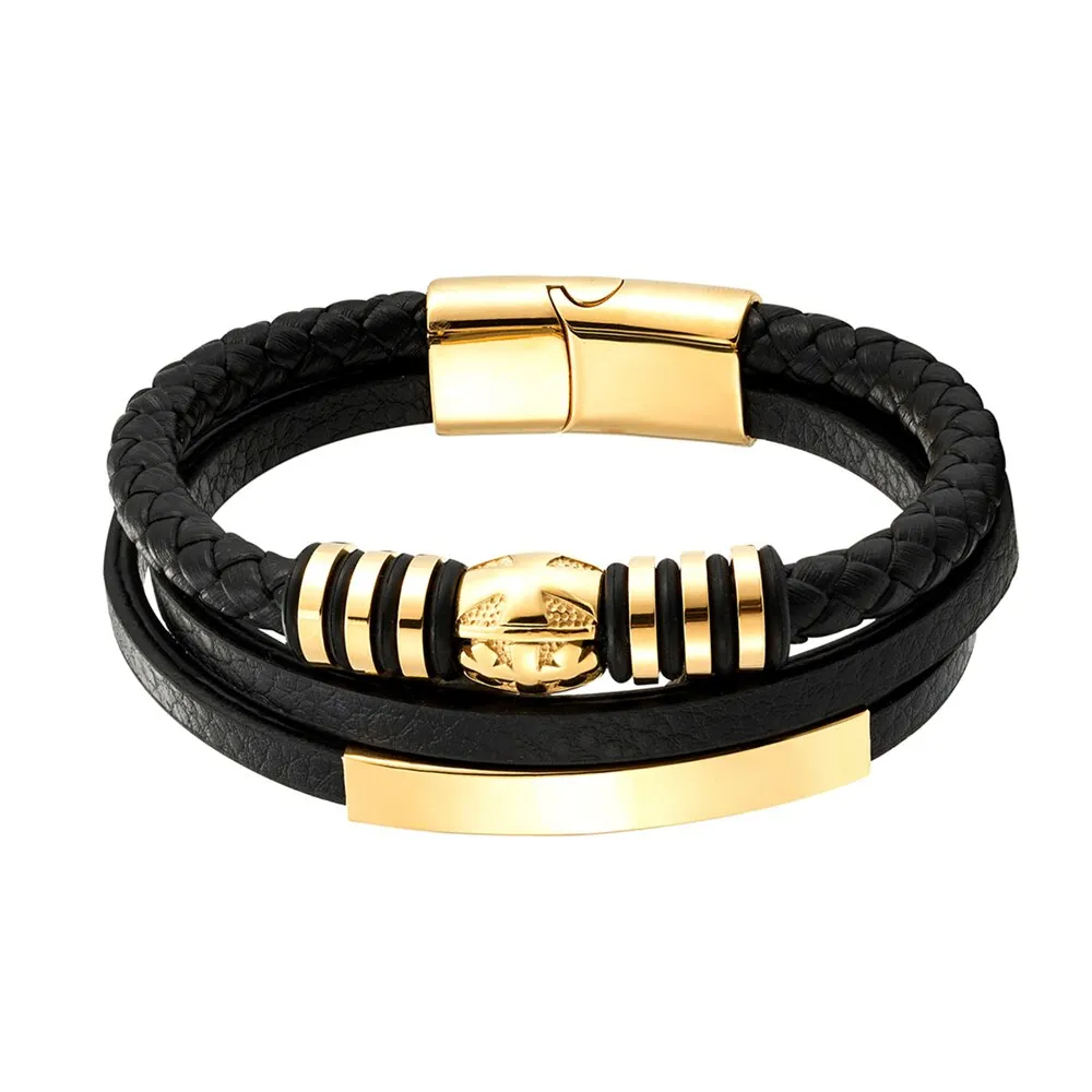 Bracelet Leather Braided Rope - Charm Stainless Steel