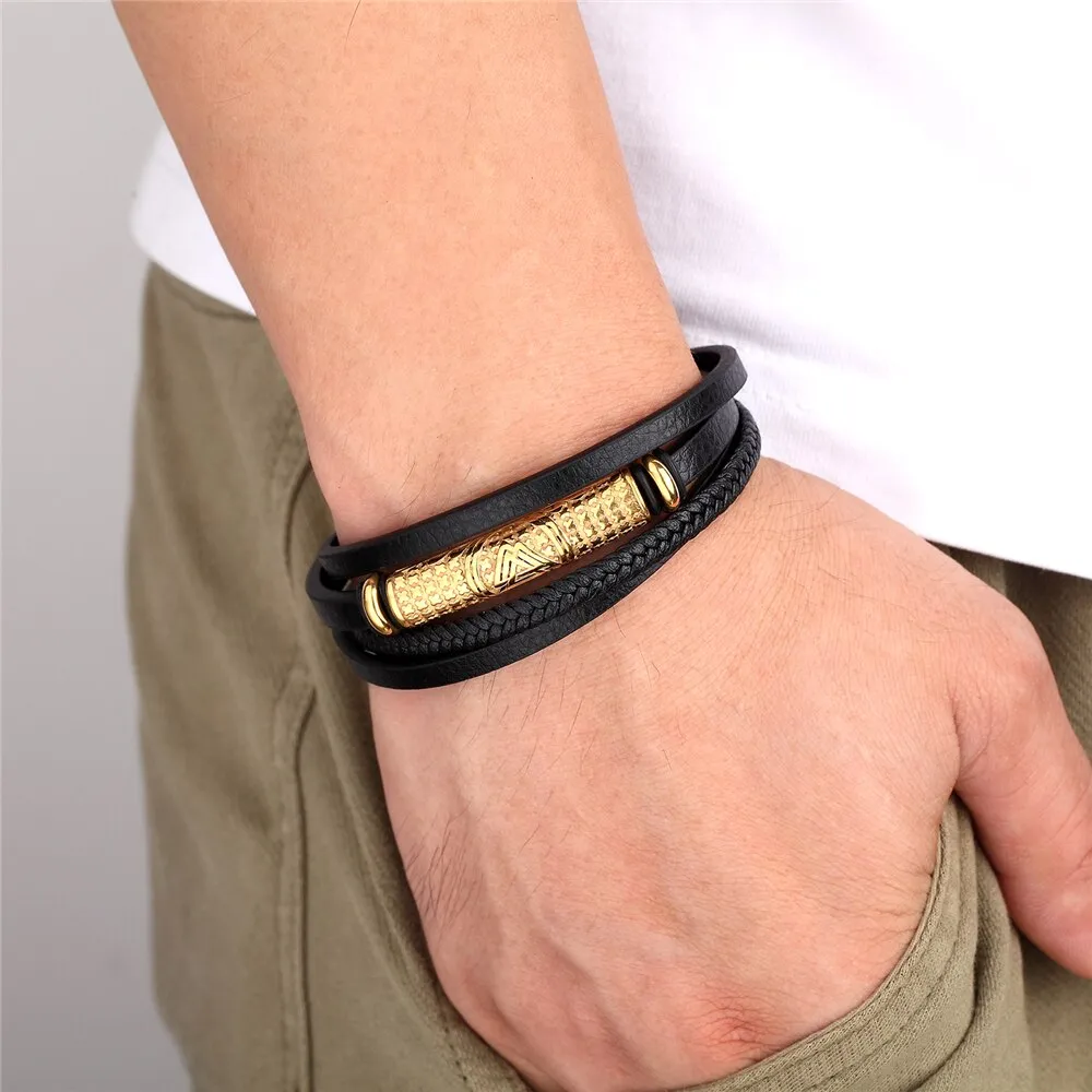 Bracelet Leather Braided Rope - Charm Stainless Steel