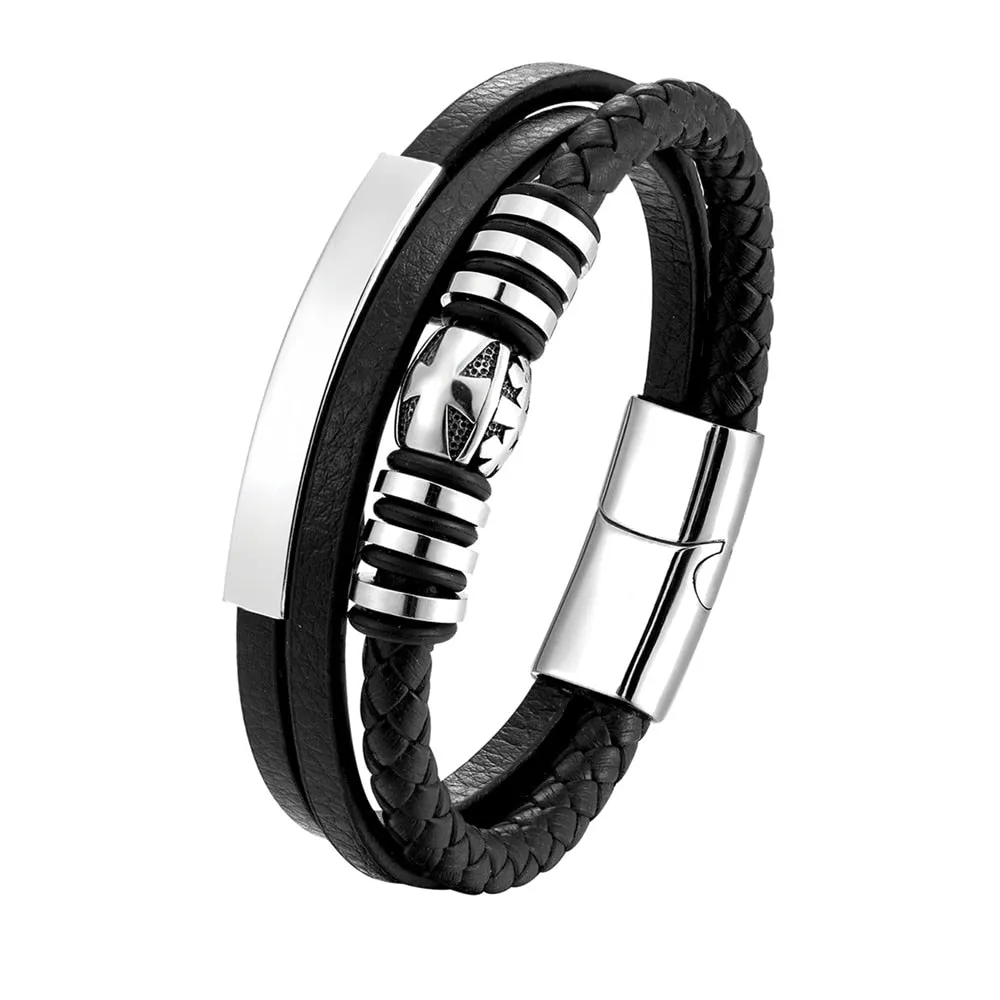 Bracelet Leather Braided Rope - Charm Stainless Steel