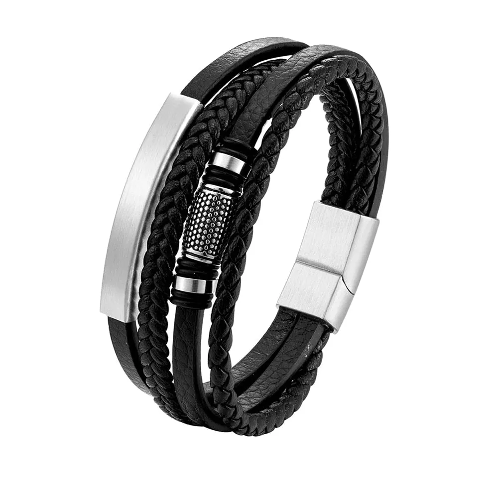 Bracelet Leather Braided Rope - Charm Stainless Steel