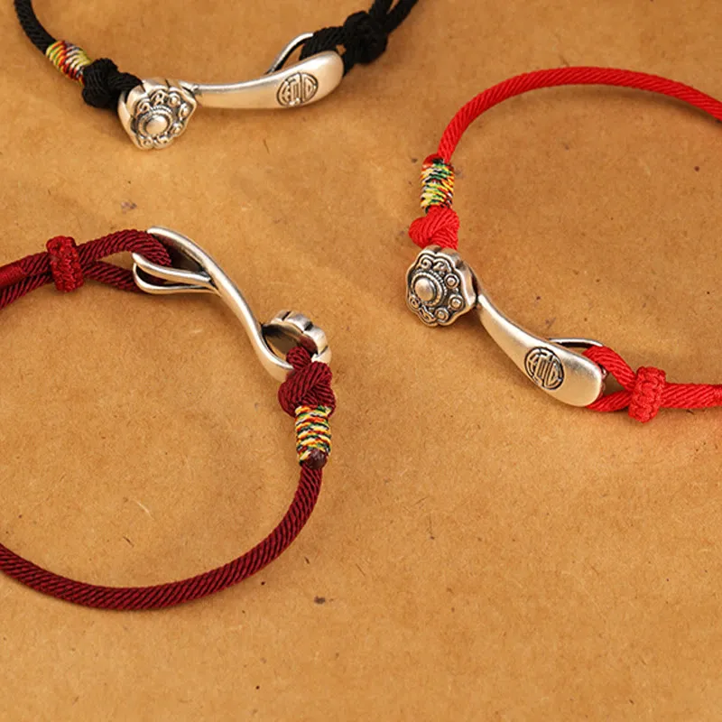 Buddha Stones 999 Sterling Silver Ruyi Stick String Protection Braided Bracelet