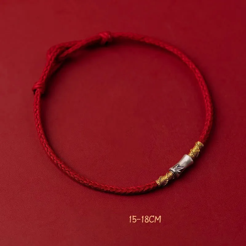 Buddha Stones Handmade 925 Sterling Silver Bamboo Design Red String Luck Braided Bracelet