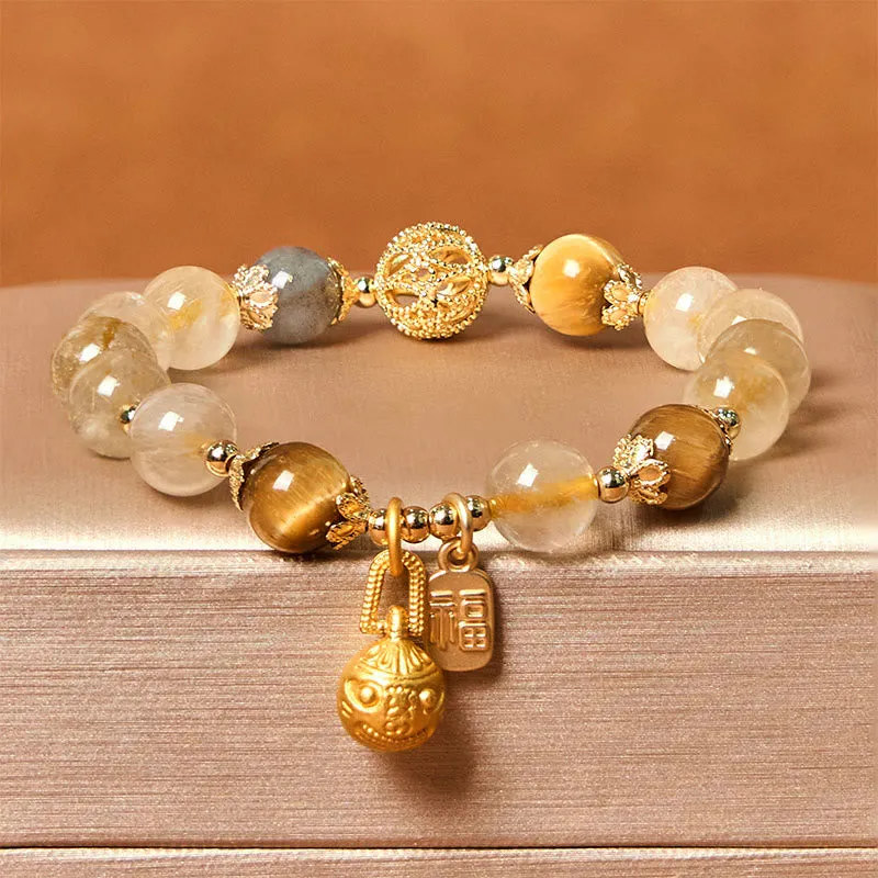 Buddha Stones Natural Rutilated Quartz Fu Character Metal Swallowing Beast Auspiciousness Bracelet