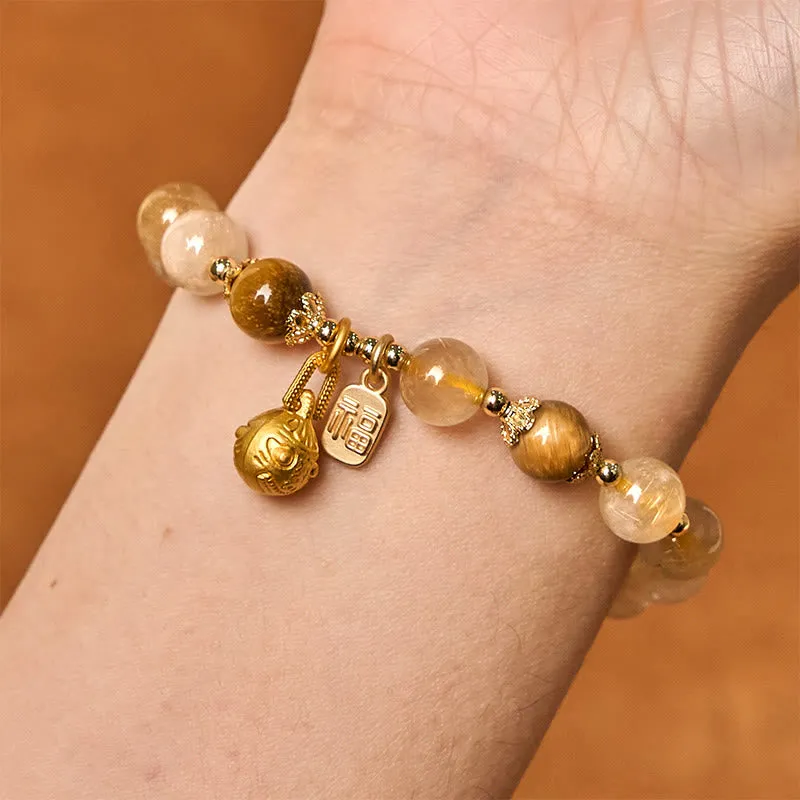 Buddha Stones Natural Rutilated Quartz Fu Character Metal Swallowing Beast Auspiciousness Bracelet