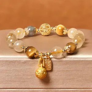 Buddha Stones Natural Rutilated Quartz Fu Character Metal Swallowing Beast Auspiciousness Bracelet